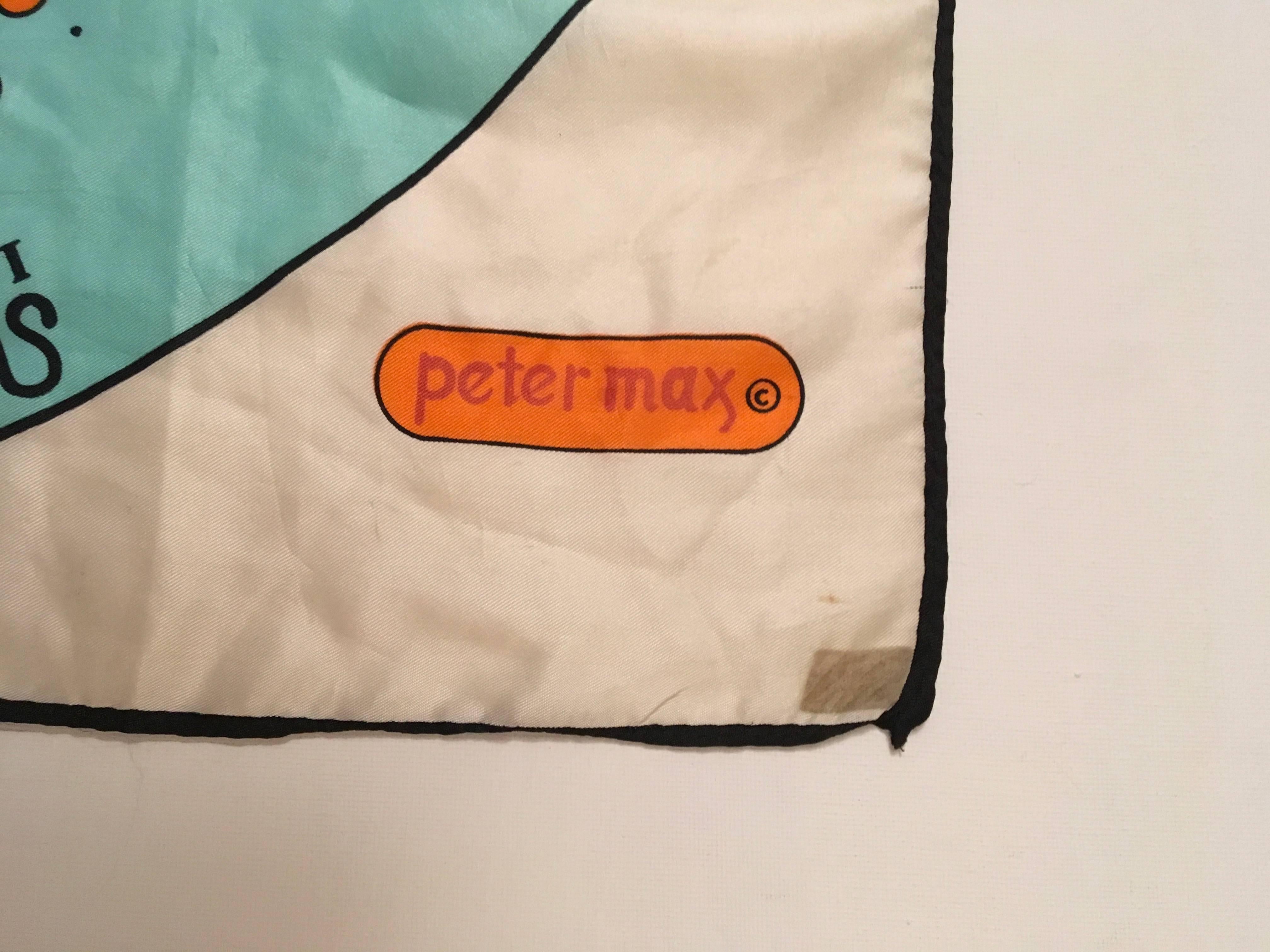 Presented here is an extremely rare scarf from the world renowned designer and artist, Peter Max. This vintage scarf is from the 1960's and features a psychedelic design of the zodiac. The various astrological signs of the zodiac are each featured