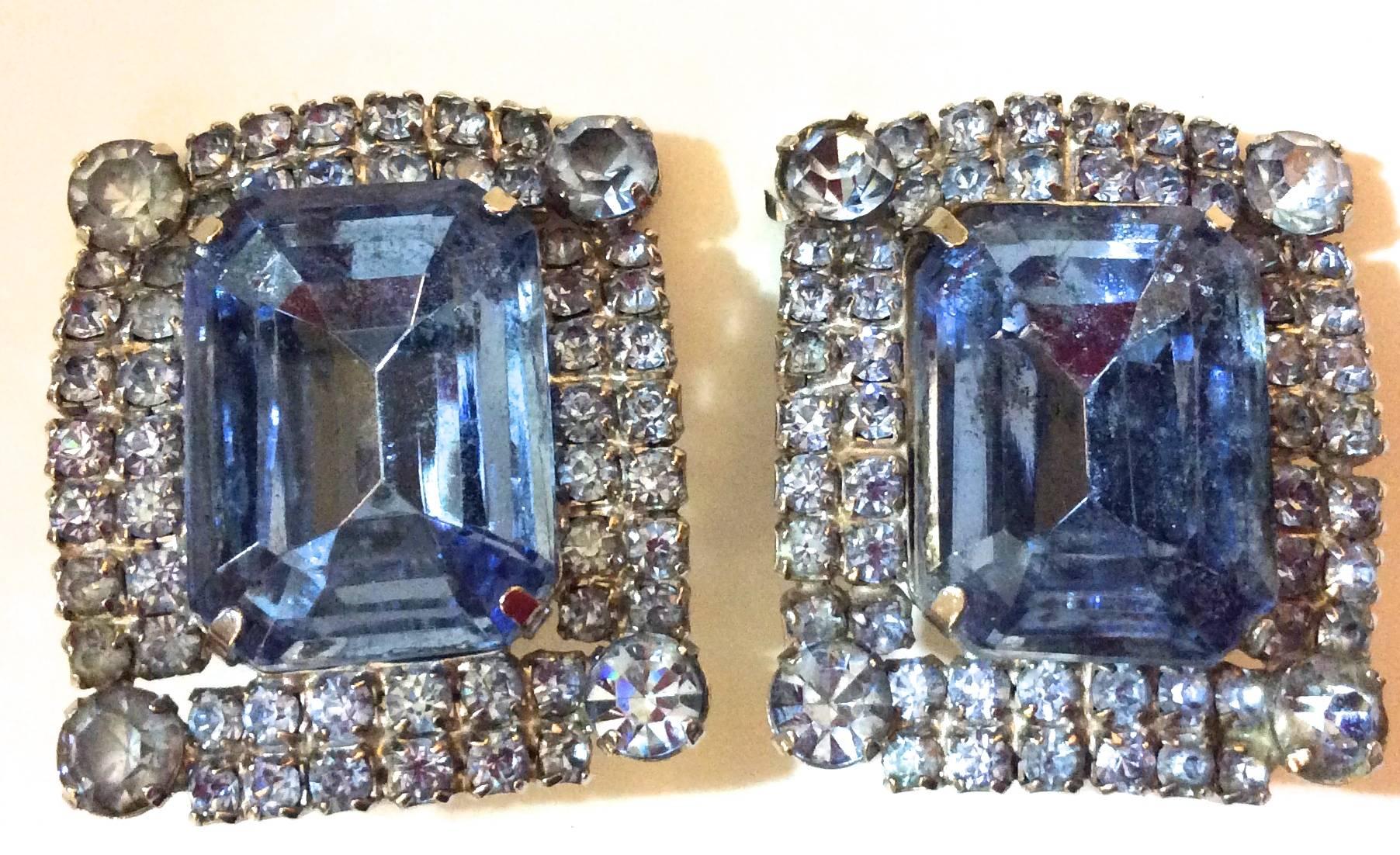 Women's Magnificent Blue Rhinestone Clip Earrings - Early 1960's - Highly Unusual For Sale