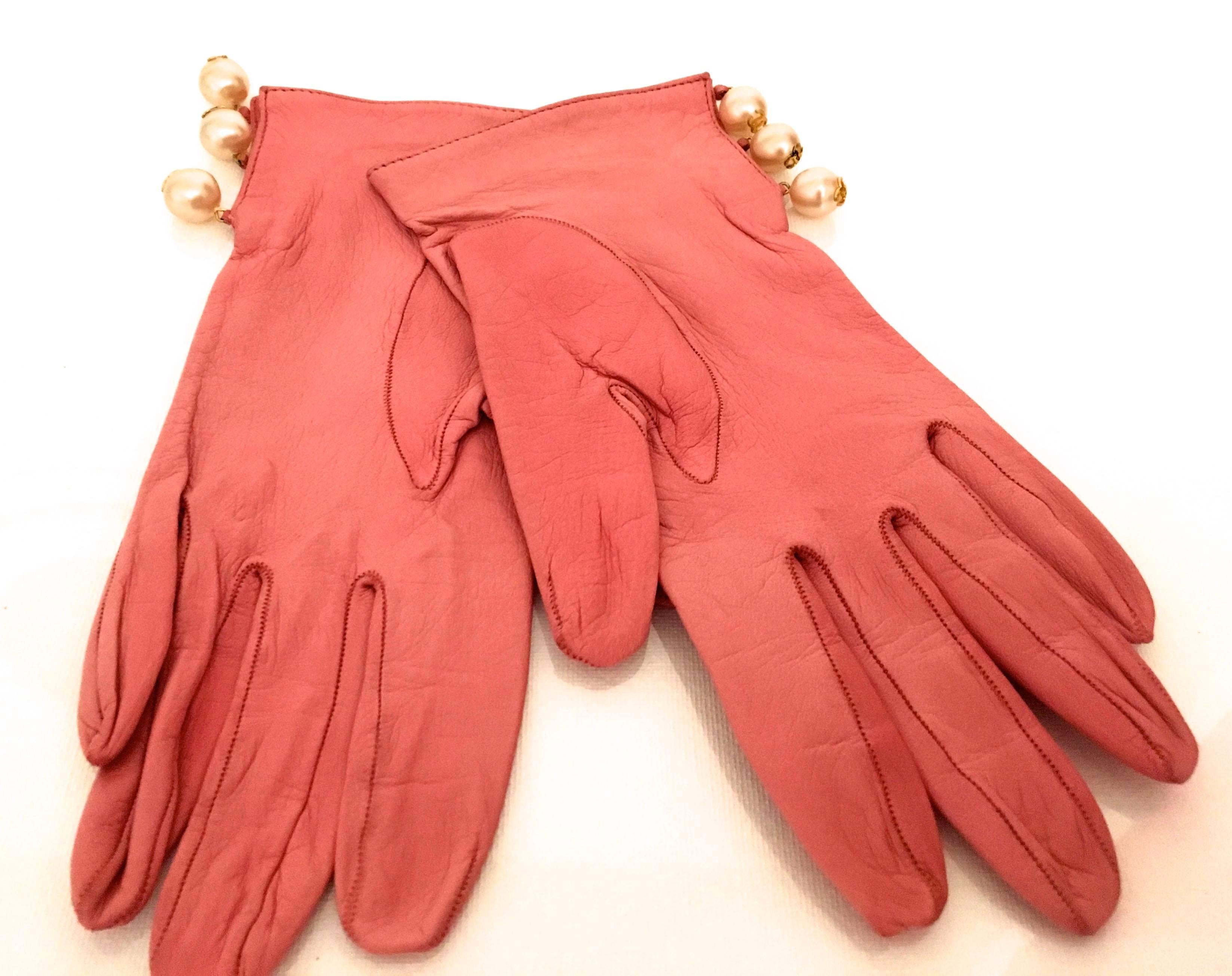 Orange Chanel Leather Gloves with CC Logo Pearls For Sale