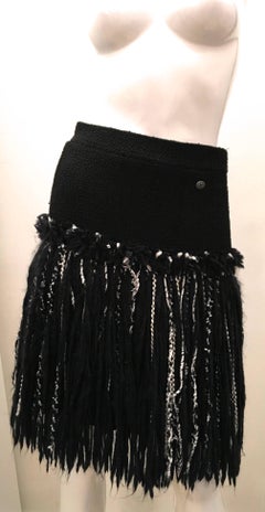 Chanel Skirt - Black Boucle with Black white Fringe Size 38