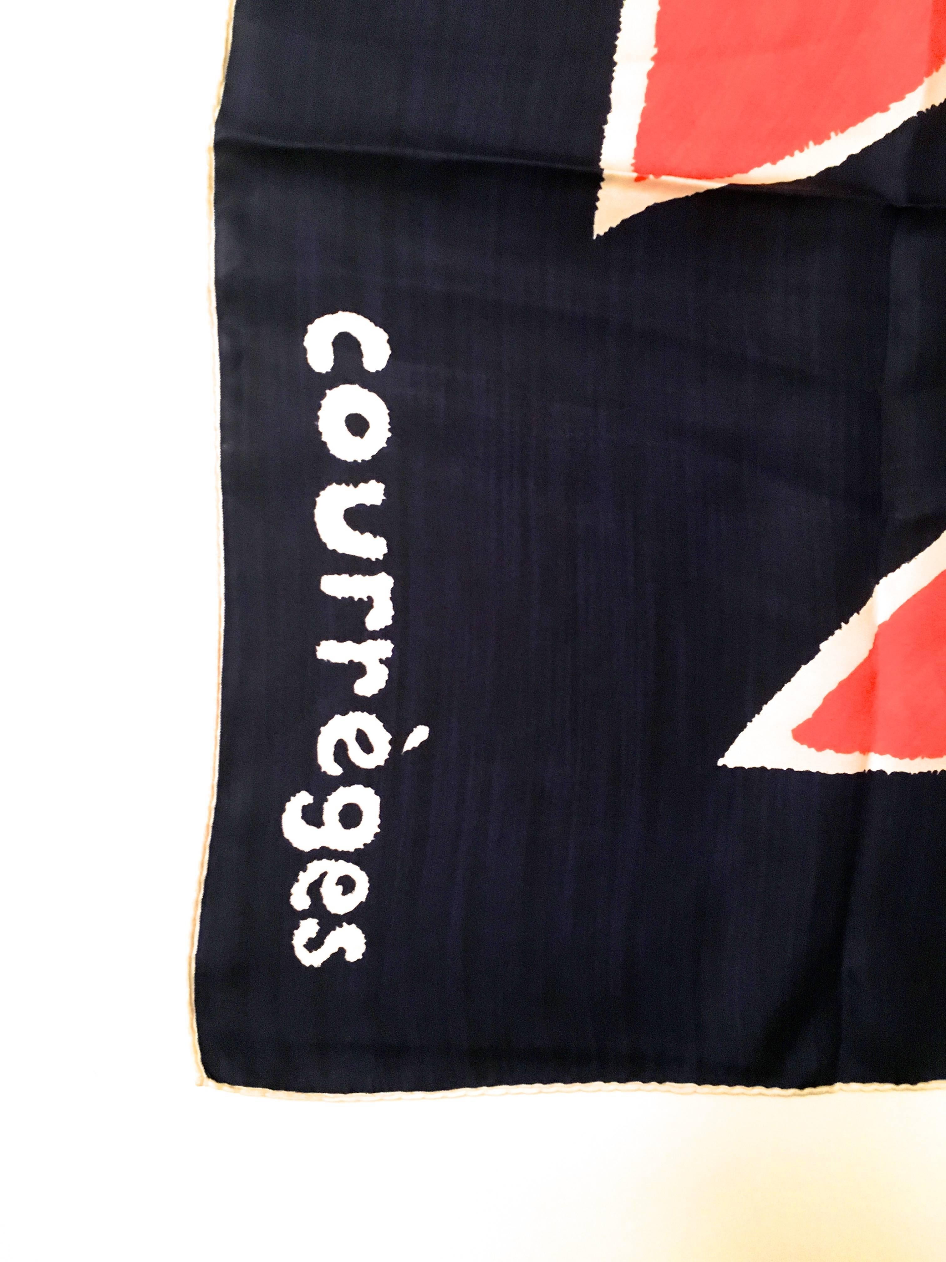 Presented here is a beautiful scarf from Courreges. This beautiful silk scarf is comprised of an abstract design of varying shapes in orange against a solid blue background. The scarf is signed Courreges Paris in the design with the iconic Courreges