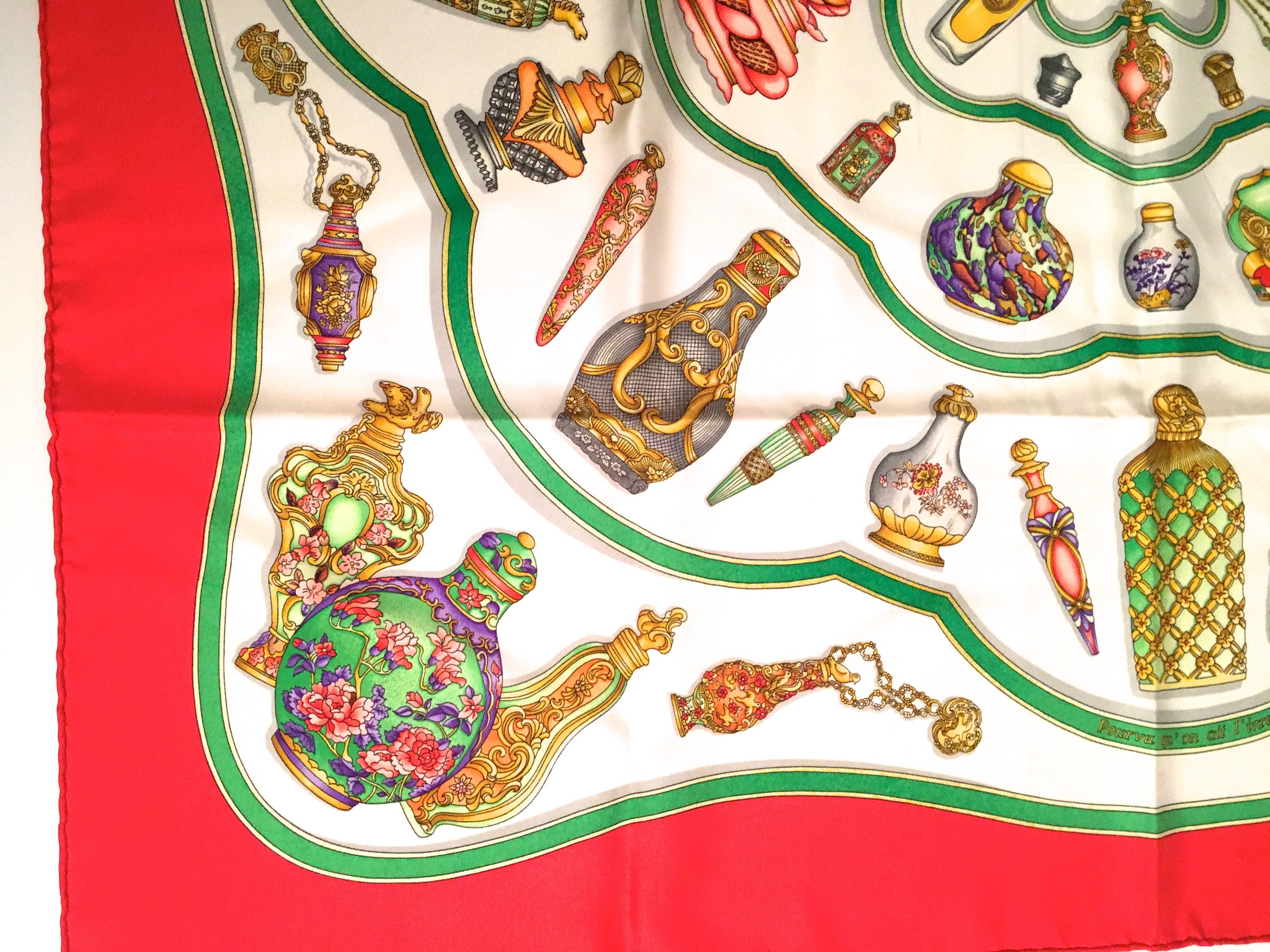 Presented here is a fabulous scarf from Hermes Paris. This vintage scarf was released in 1988 and is a composition of various elaborate bottles of numerous shapes, designs and sizes. The tag line is 