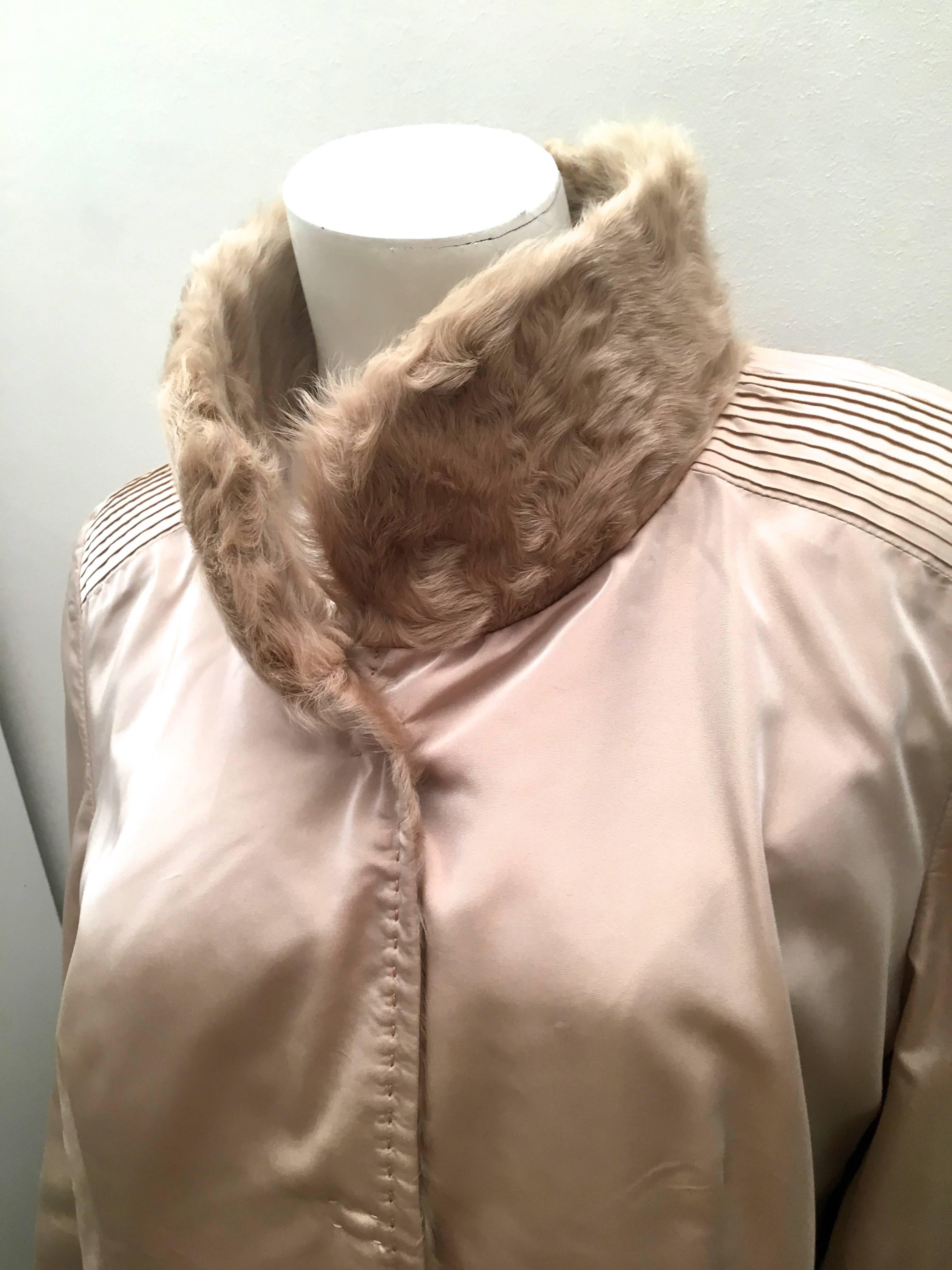 Swakara Lamb Fur Coat Fully Reversible Silk Taffeta Beige For Sale 2