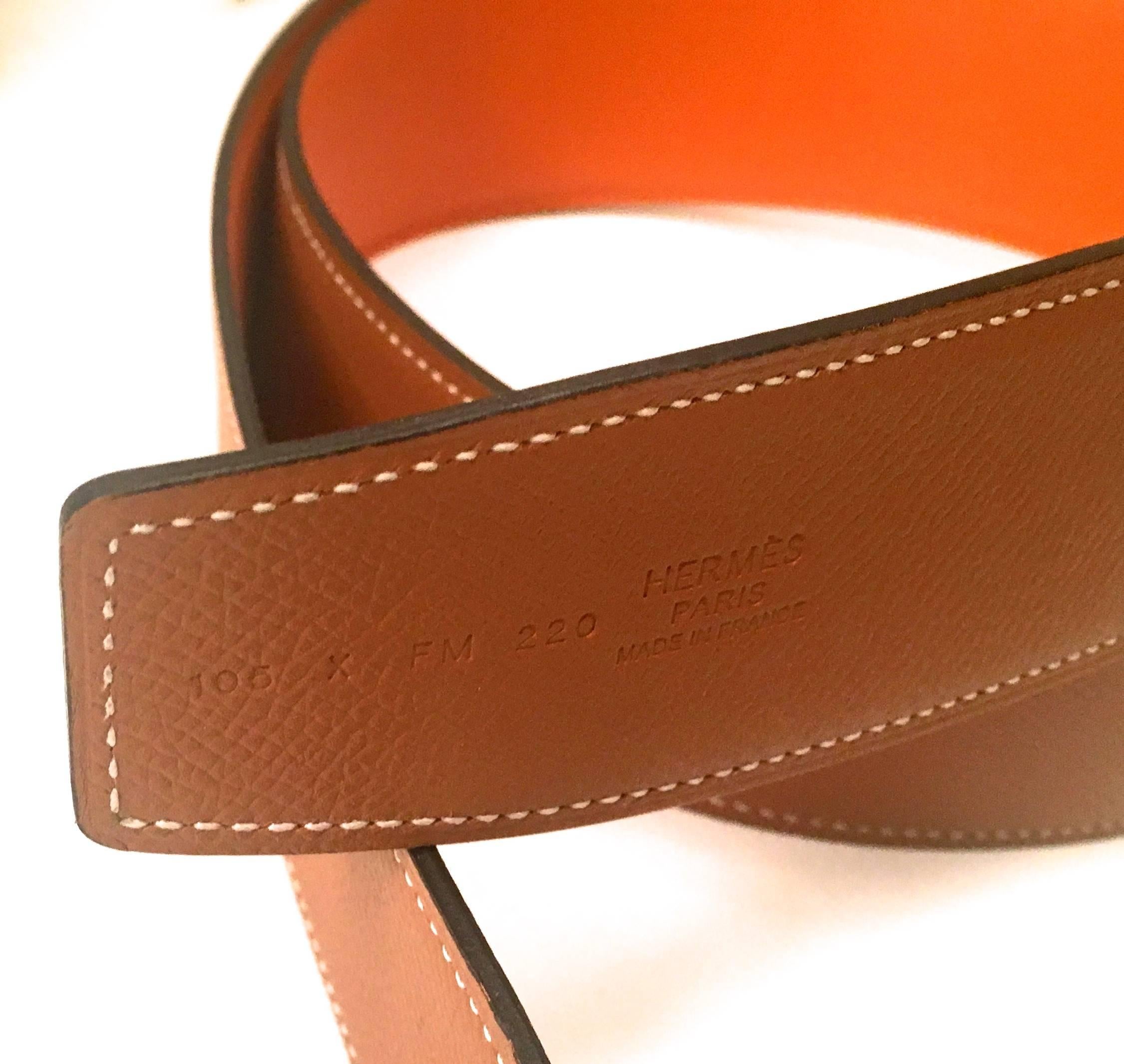 Brown Hermes Orange and Gold leather Belt Strap Size 105, 42 mm  For Sale