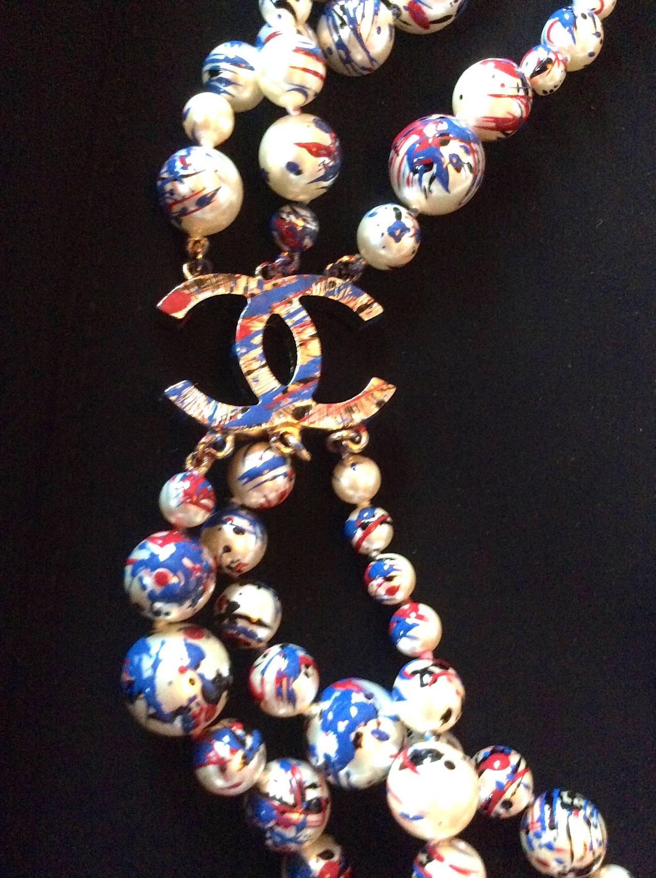 Chanel Necklace - Rare Pearl Graffiti Triple Strand - CC - Red, White, and Blue
