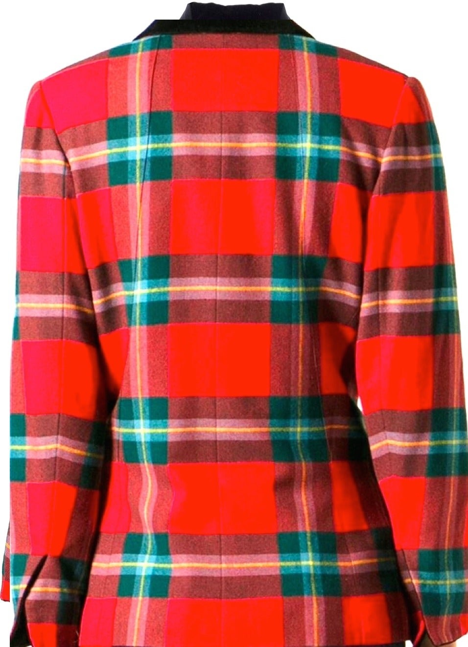 Hermes tartan red plaid blazer for women. Tartan is wool with a black velvet collar. Size 50. Gorgeous design with iconic Hermes gold buttons. The piece is from the early 1990's and is in excellent condition. A remarkable piece that can be used for