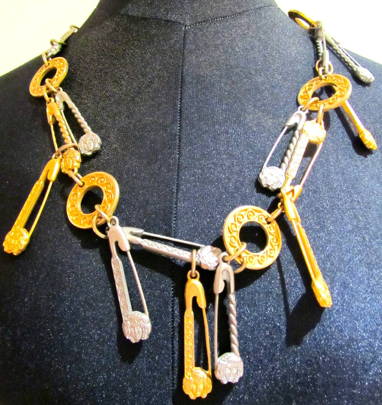 Women's Gianni Versace Necklace / Belt - Iconic Silver and Gold Tone Safety Pins - 1995