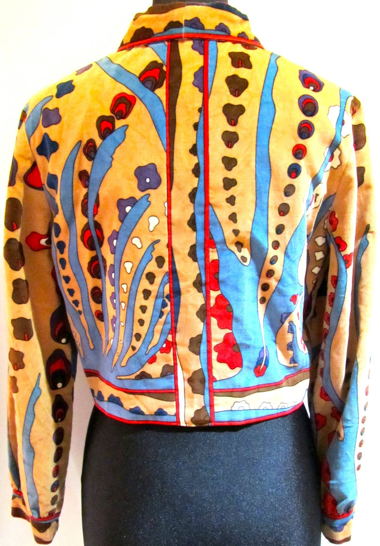 Bessi opart velvet short blazer / bolero in tan, blue, purple, red, black, brown, and white. Beautiful Bessi velvet jacket with original silk lining with Bessi signature throughout the lining. This beautiful jacket is signed Bessi on the outside