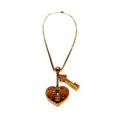 Vintage Chanel Necklace - Gold Tone Chain with Heart and Key Charms - Crystal Inlay