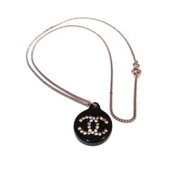 Chanel Necklace - Silver Tone Chain - Black Resin Charm with Crystal CC Inlay