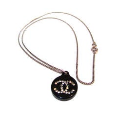 Chanel Necklace - Silver Tone Chain - Black Resin Charm with Crystal CC Inlay 6