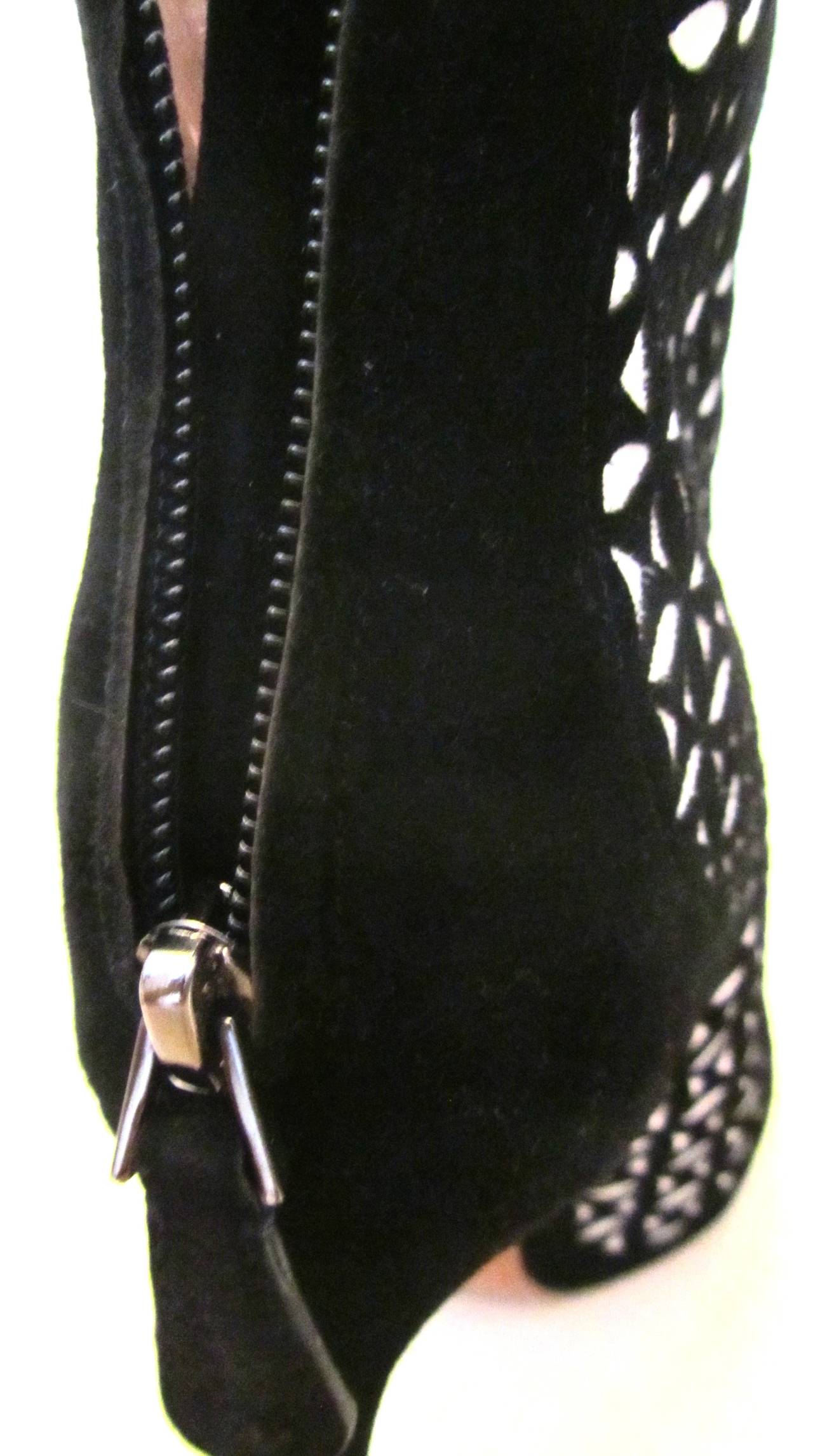 Women's New Alaia Open Toed High Heel Boots - 37 - Black and White Suede For Sale