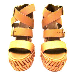 New Hermes Woven Beige Leather Wedge Sandals - Size 38