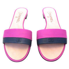 New Chanel Shoes / Open Toed Lamb Skin Sandals - 37.5 - Fuchsia and Blue 10