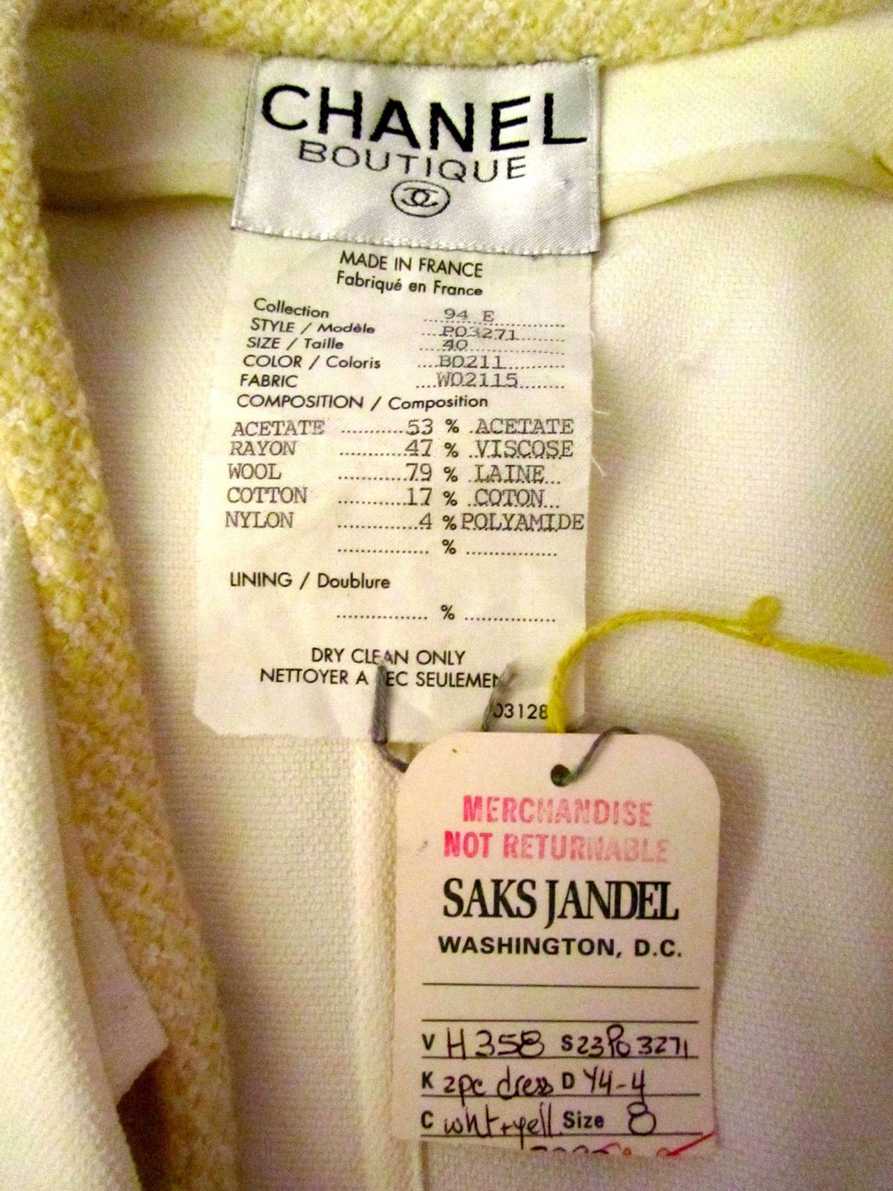 2 Pc Chanel Dress with Jacket - Yellow and White Boucle - Deadstock For Sale 1