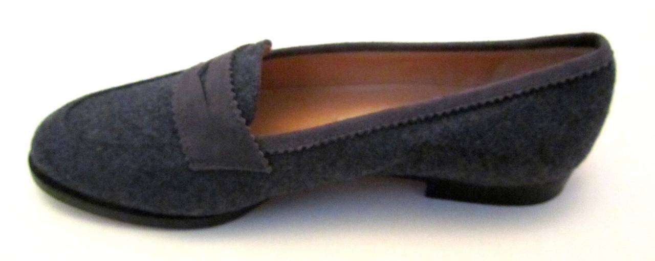 Rare Manolo Blahnik gray flannel loafers from the 1980's. They are size 36 and in mint condition. They were purchased at the Manolo Blahnik Boutique in New York in the 1980's. They have never been worn. They are a phenomenal addition to any shoe