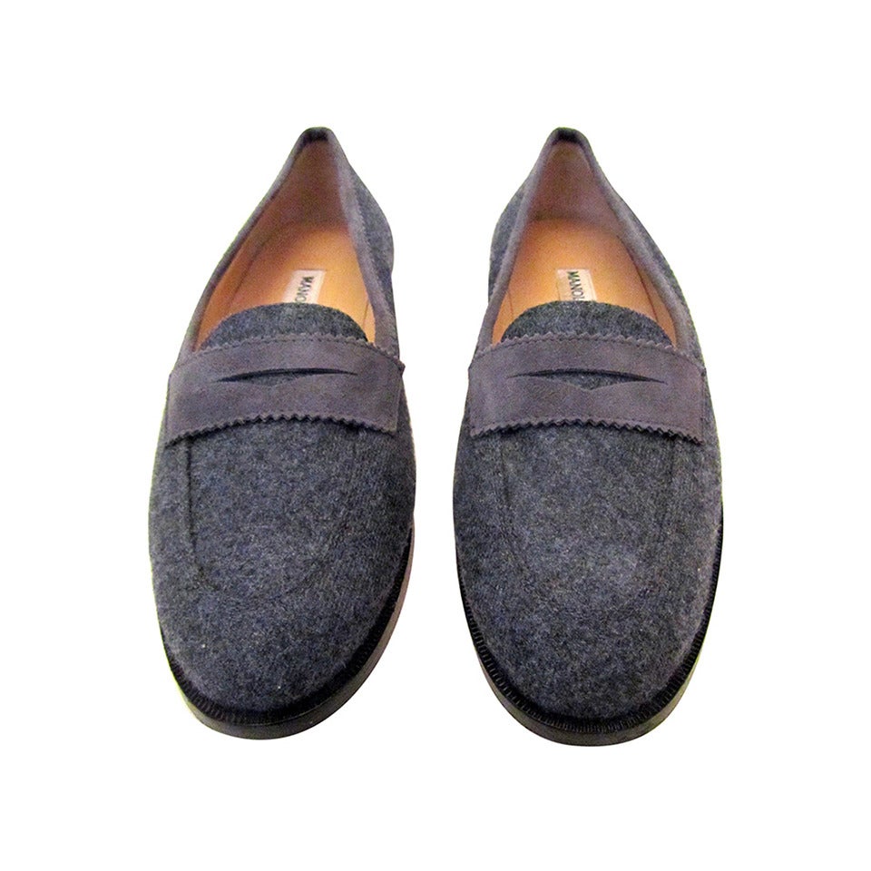 1980's Manolo Blahnik Gray Flannel Loafers - Size 36 For Sale