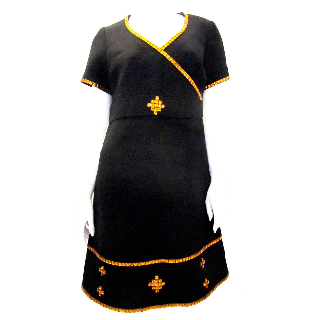 Short Sleeve Black Dress with Hand Applied Amber Colored Stones For Sale