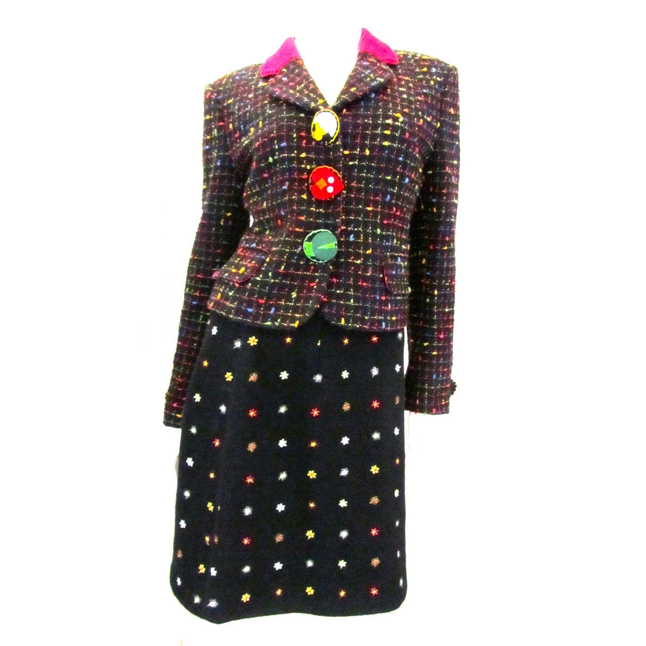 Moschino Cheap and Chic Multi-colored Suit with Animal Buttons For Sale