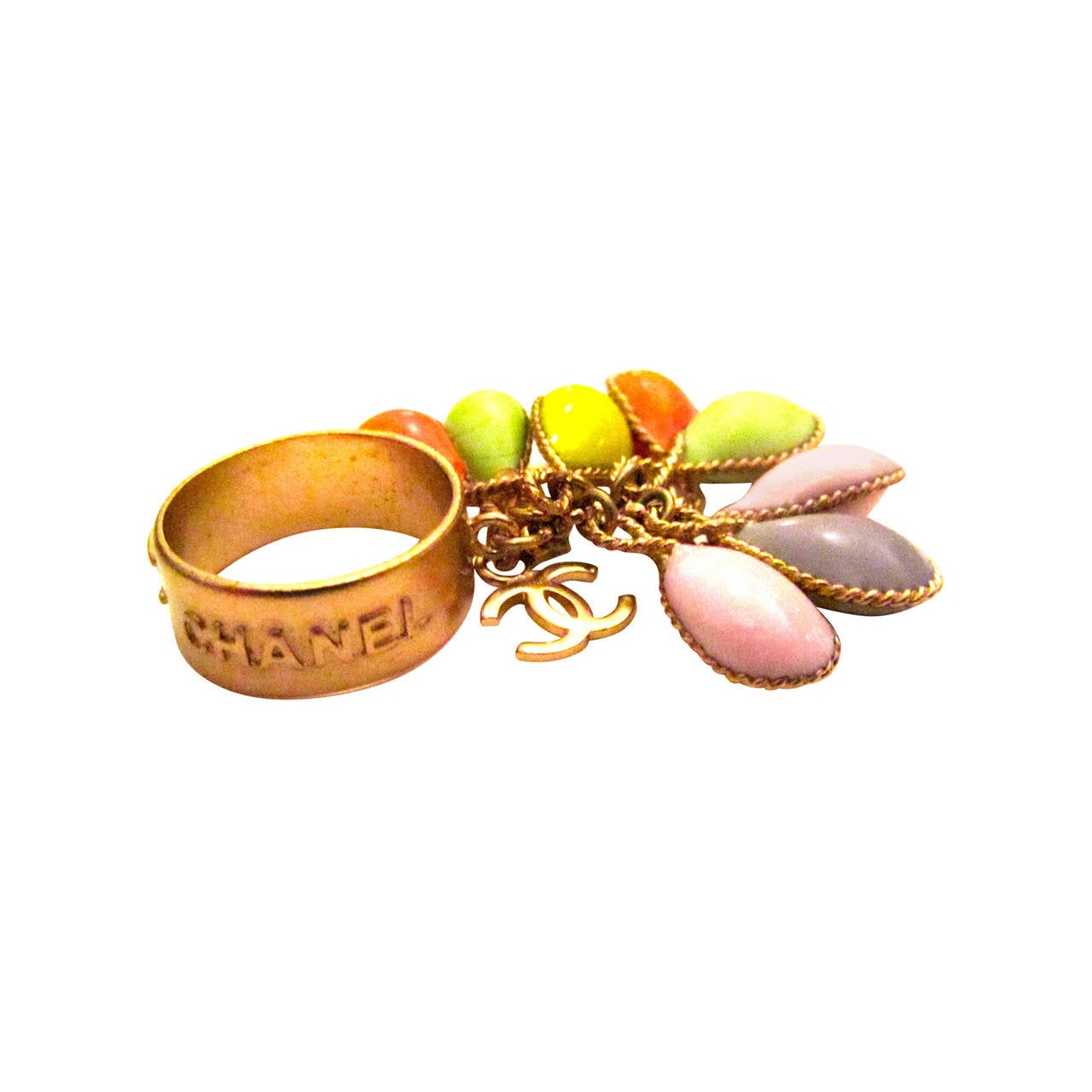 Chanel Gold Tone Ring - Dangling CC Logo and Pastel Stones - Size 6.5