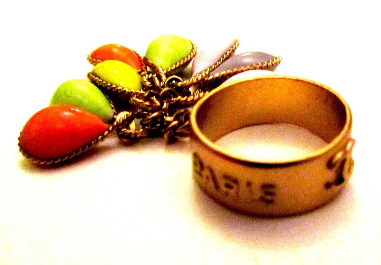 Contemporary Chanel Gold Tone Ring - Dangling CC Logo and Pastel Stones - Size 6.5