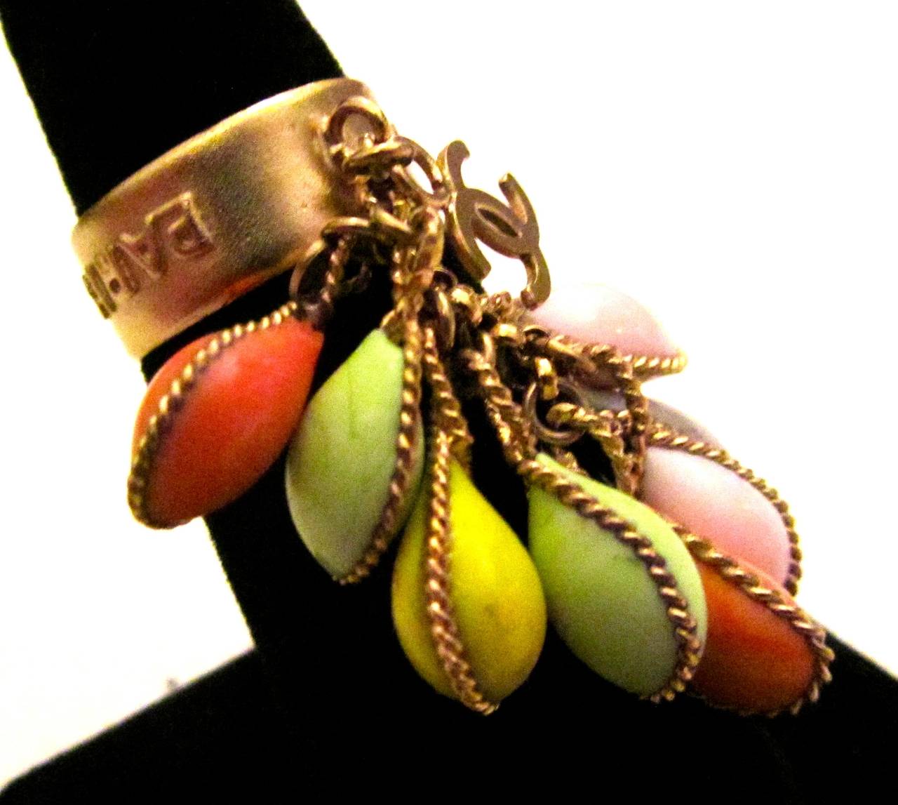 Chanel Gold Tone Ring - Dangling CC Logo and Pastel Stones - Size 6.5 In Excellent Condition In Boca Raton, FL