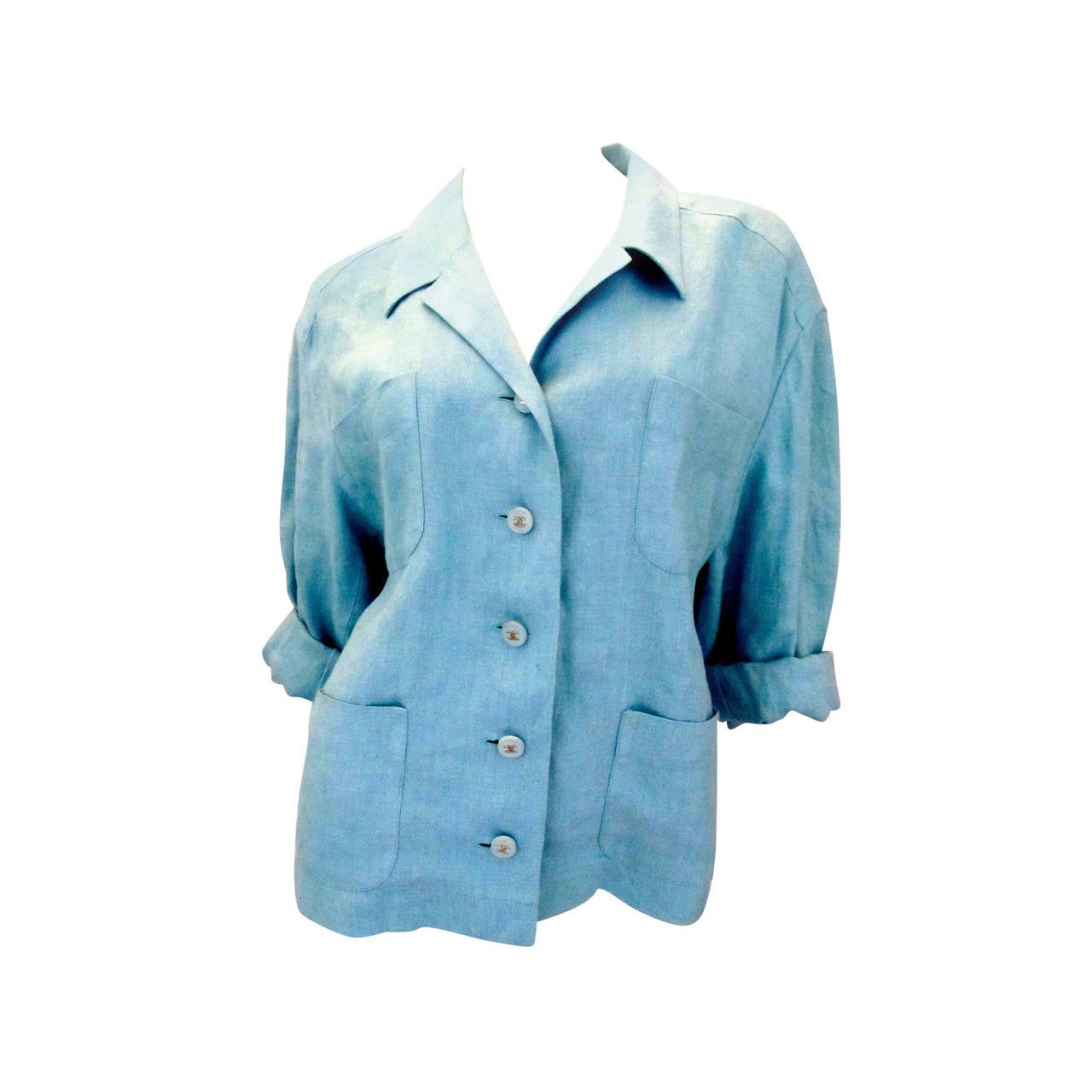 Chanel Light Aqua Blue Linen Jacket - Size 36
