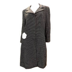 Chanel Long Black and White Striped Jacket w/ Camellia - Size 44