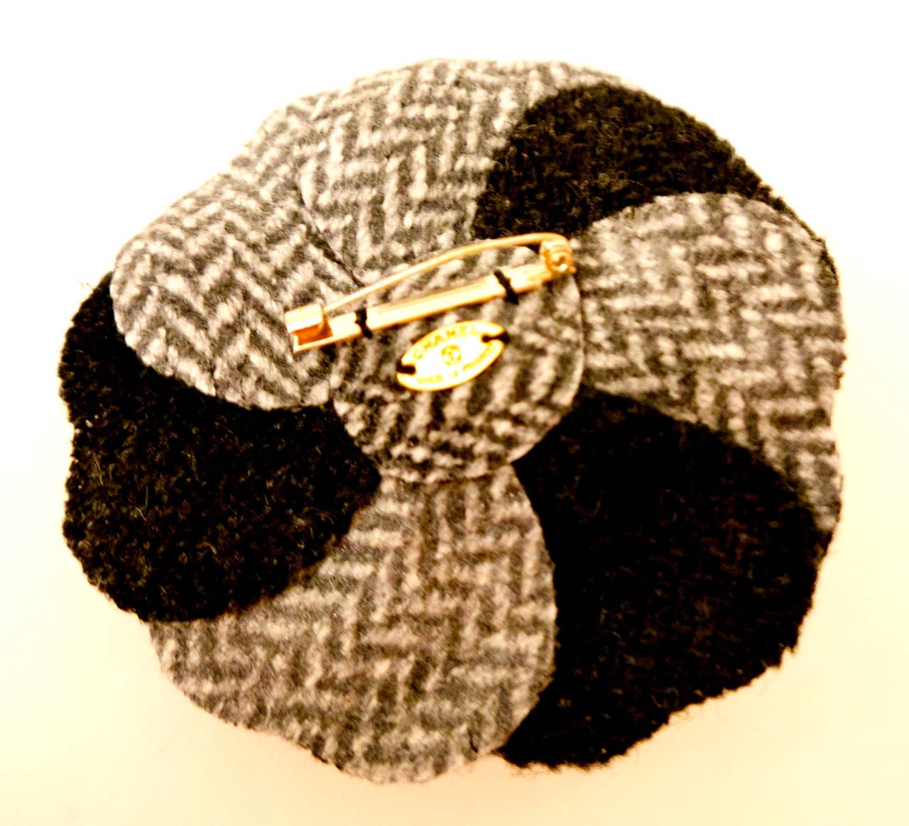Women's Chanel Black and White Tweed Camellia Flower Pin with Boucle Fabric