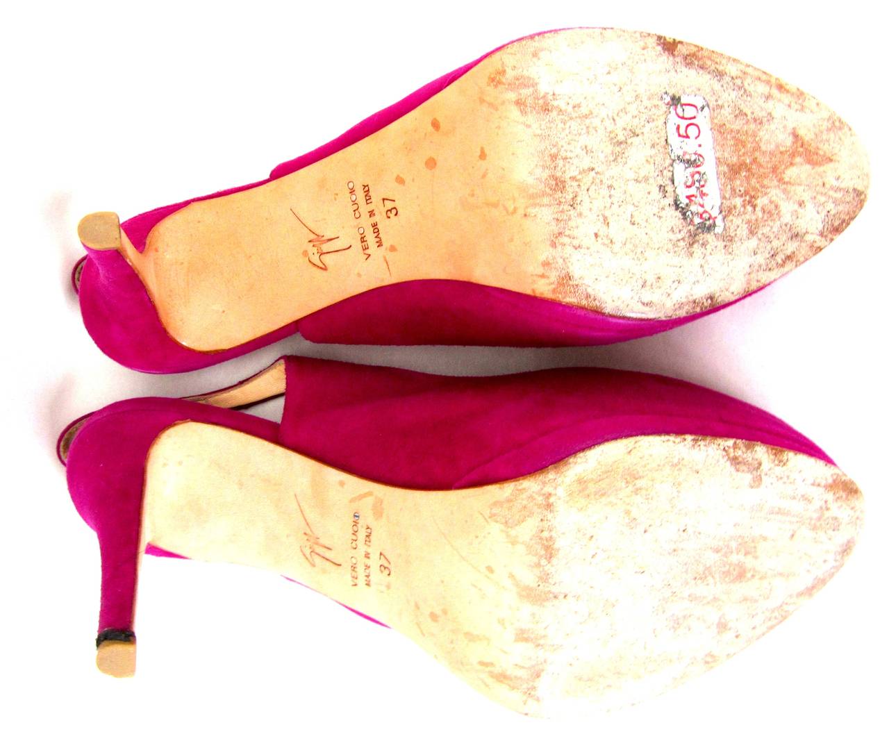 Giuseppe Zanotti Pink Fuchsia Suede Pumps with Heel Strap - Size 37 For Sale 1