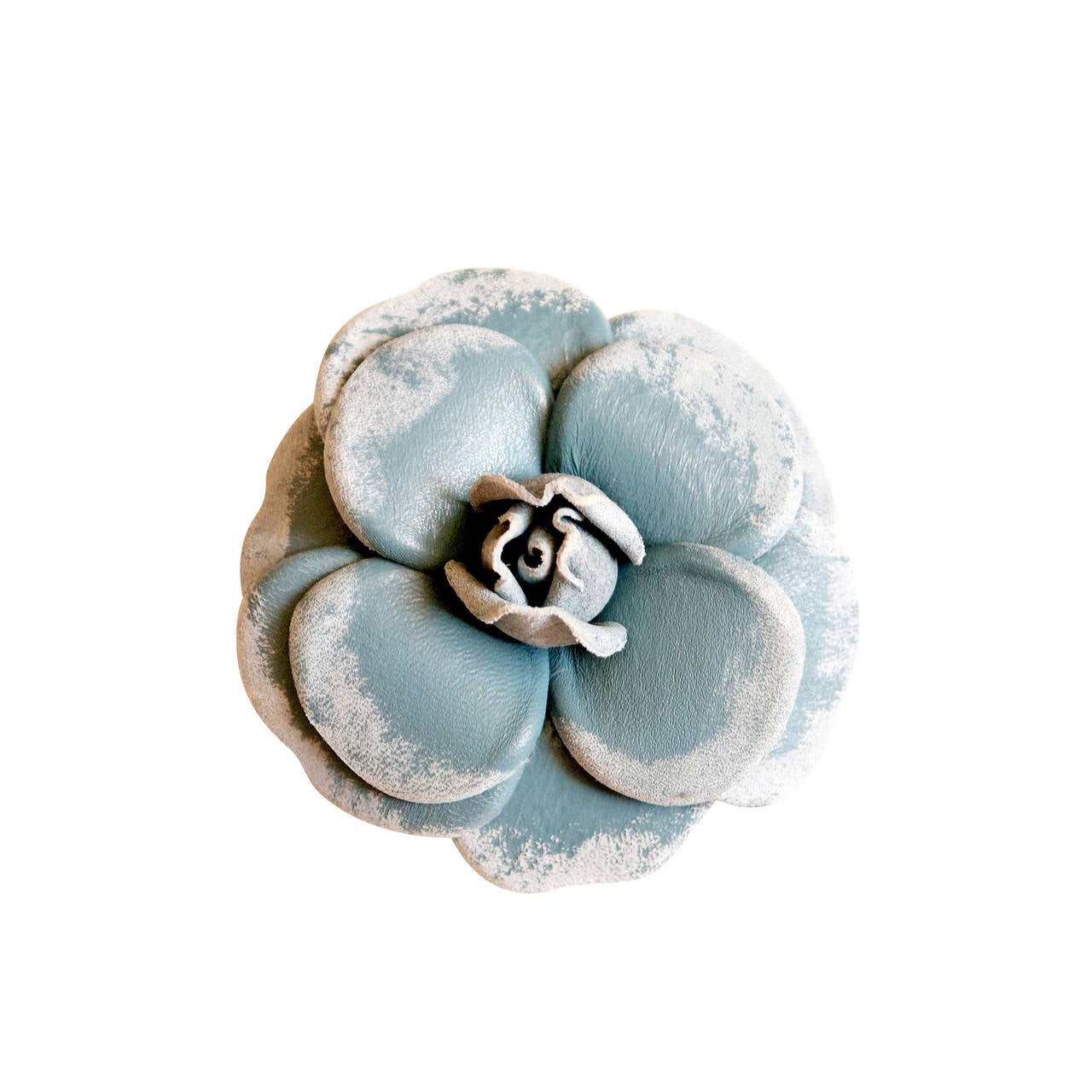 Chanel Light Blue Leather Camellia Flower Pin