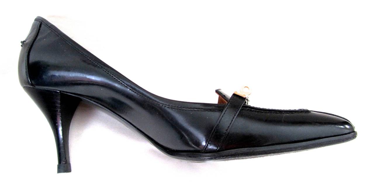 Women's Hermes Pumps - Black - Kelly Style Gold Tone Hardware - Size 38