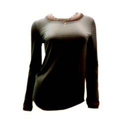 New Chanel Black Top with Intricate Woven Lambskin Collar - Size 36