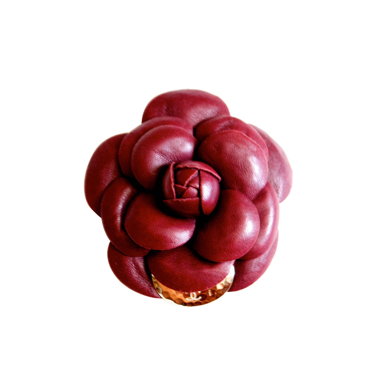 Chanel Lambskin and Brass Camellia Flower Pin - Burgundy