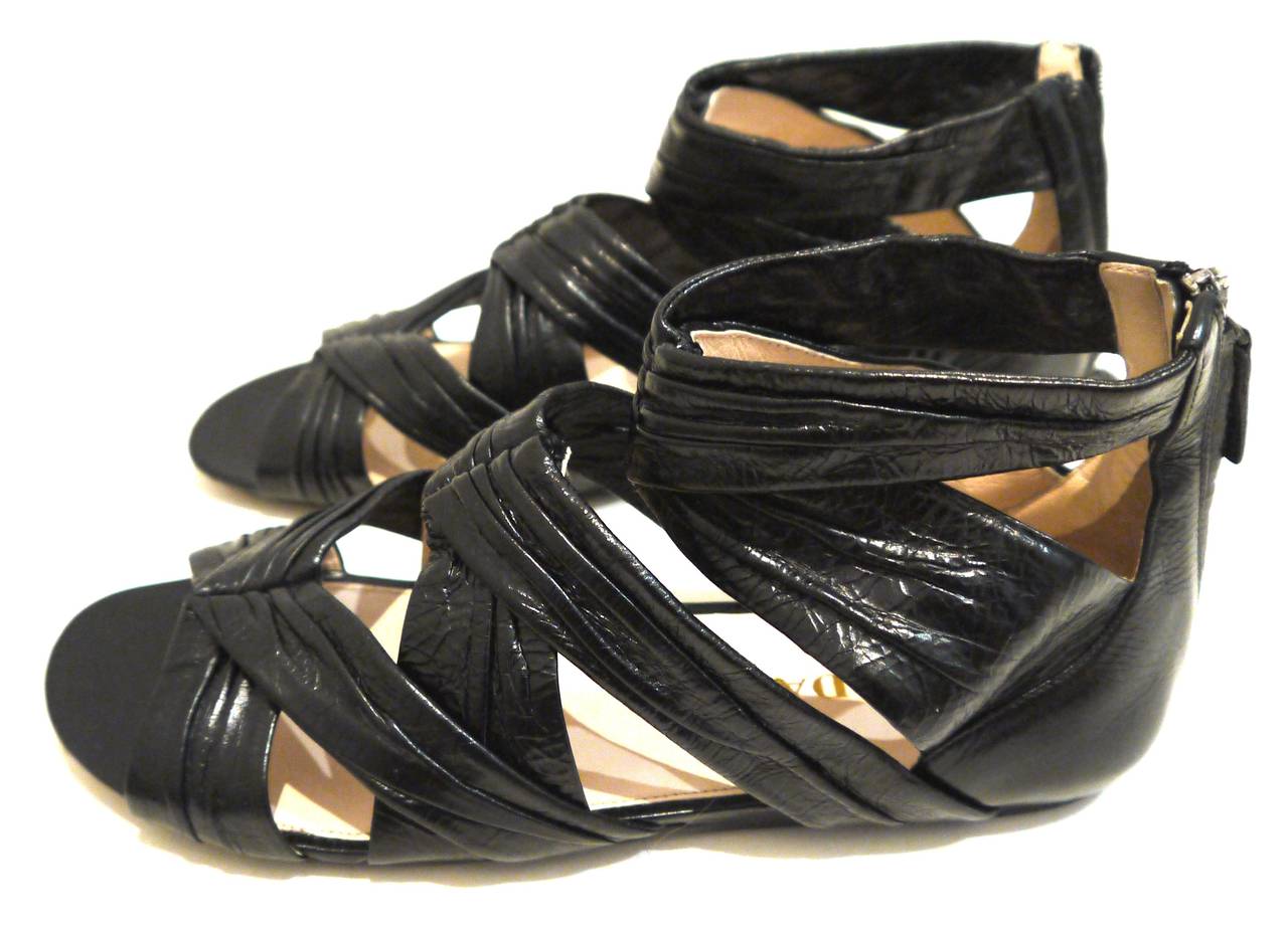 New Prada Black Sandals - Gladiator Style - Size 37.5 In New Condition For Sale In Boca Raton, FL