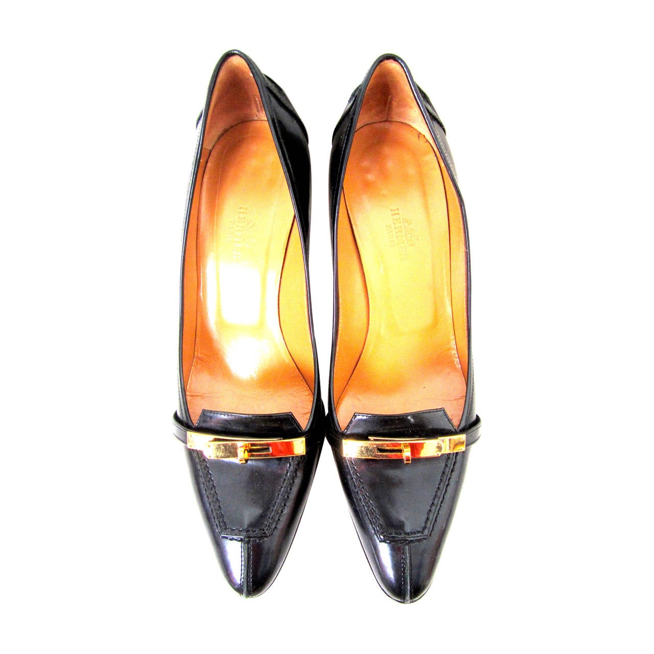 Hermes Pumps - Black - Kelly Style Gold Tone Hardware - Size 38 at 1stDibs