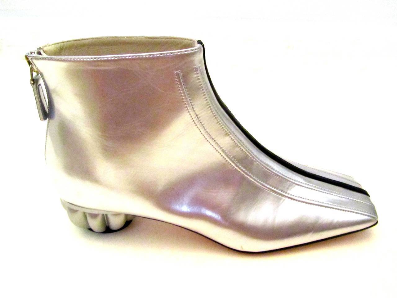 Gray Chanel Boots - Patent Leather - Silver with Black Stripe - Size 37 For Sale