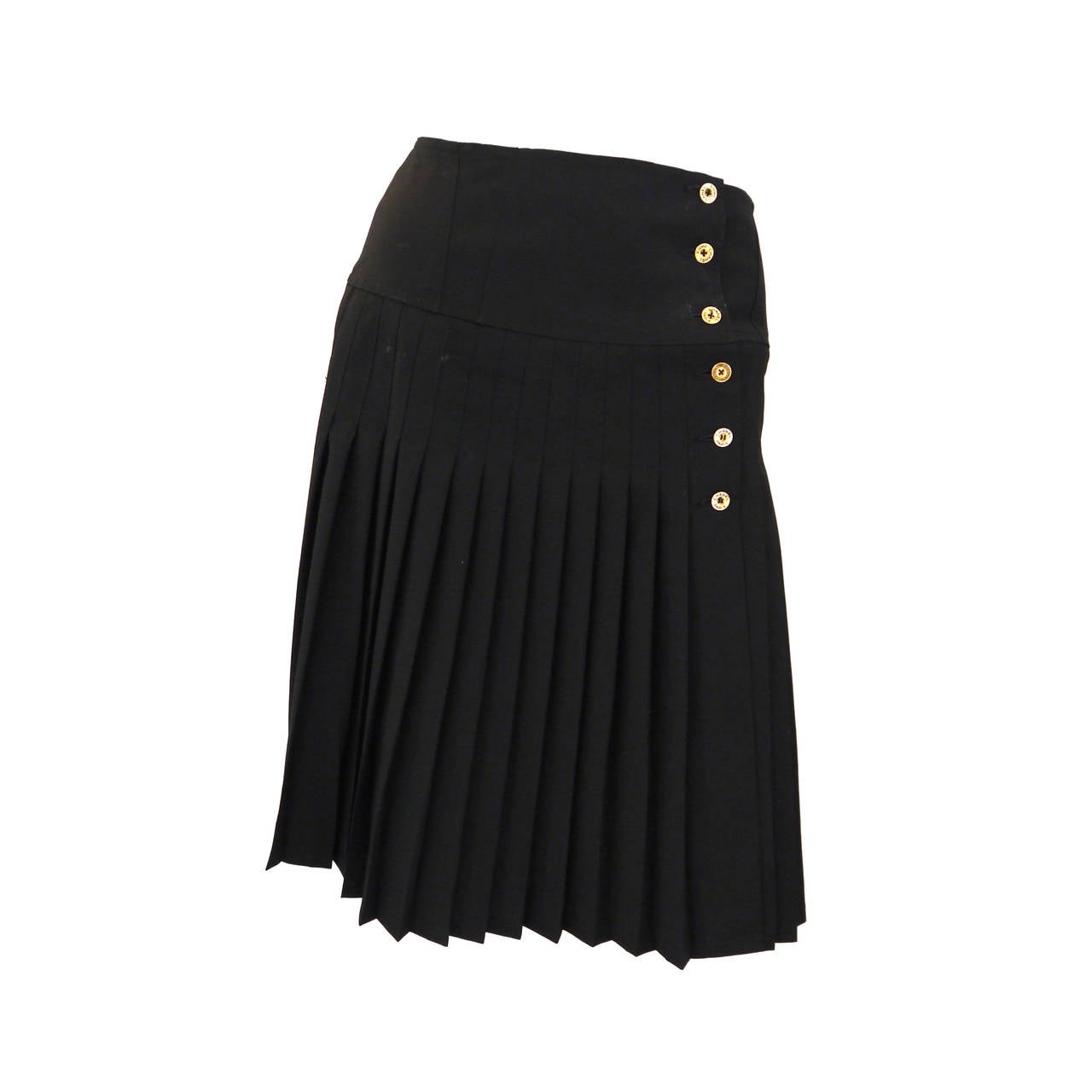 Black Chanel Pleated Skirt with Gold Logo Buttons For Sale