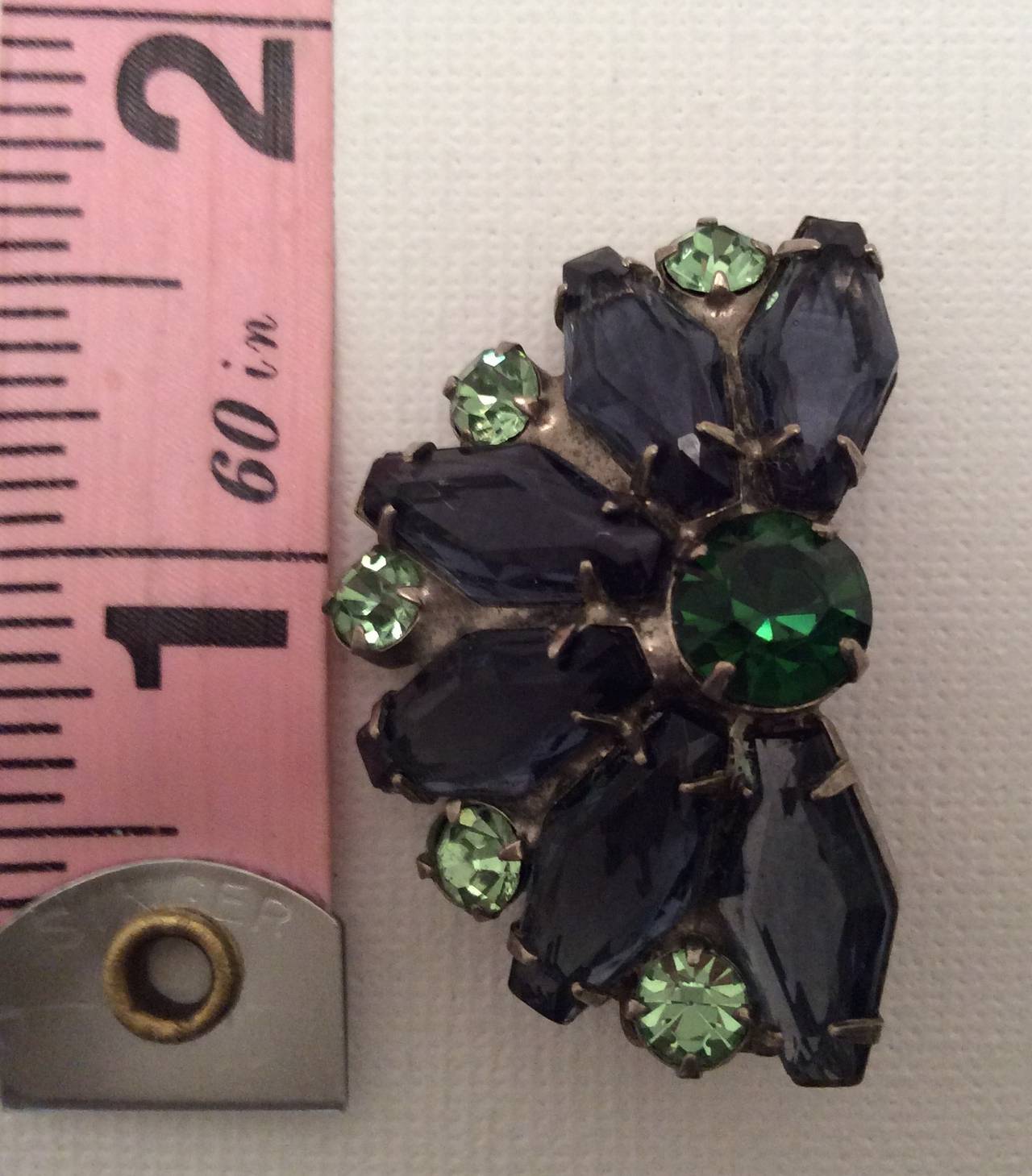 Rhinestone Earrings in shades of green and Grey  Clips In Excellent Condition For Sale In Boca Raton, FL