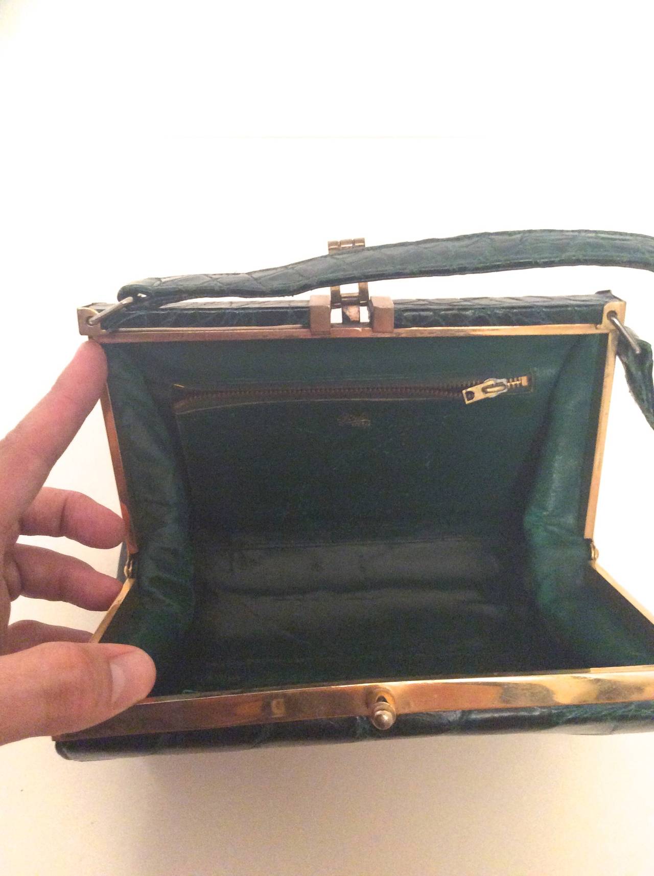 Black Vintage Green Alligator Purse with Original Strap For Sale