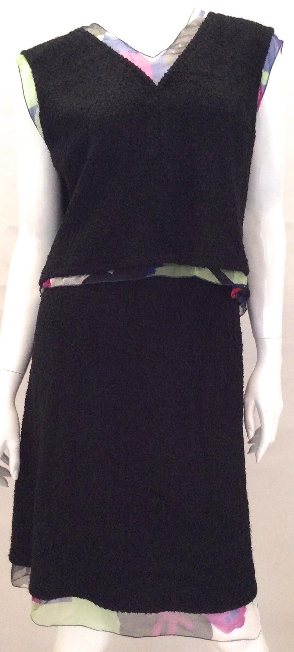 MAGNIFICENT Chanel 3 Piece Black Boucle with Silk Suit In Excellent Condition For Sale In Boca Raton, FL
