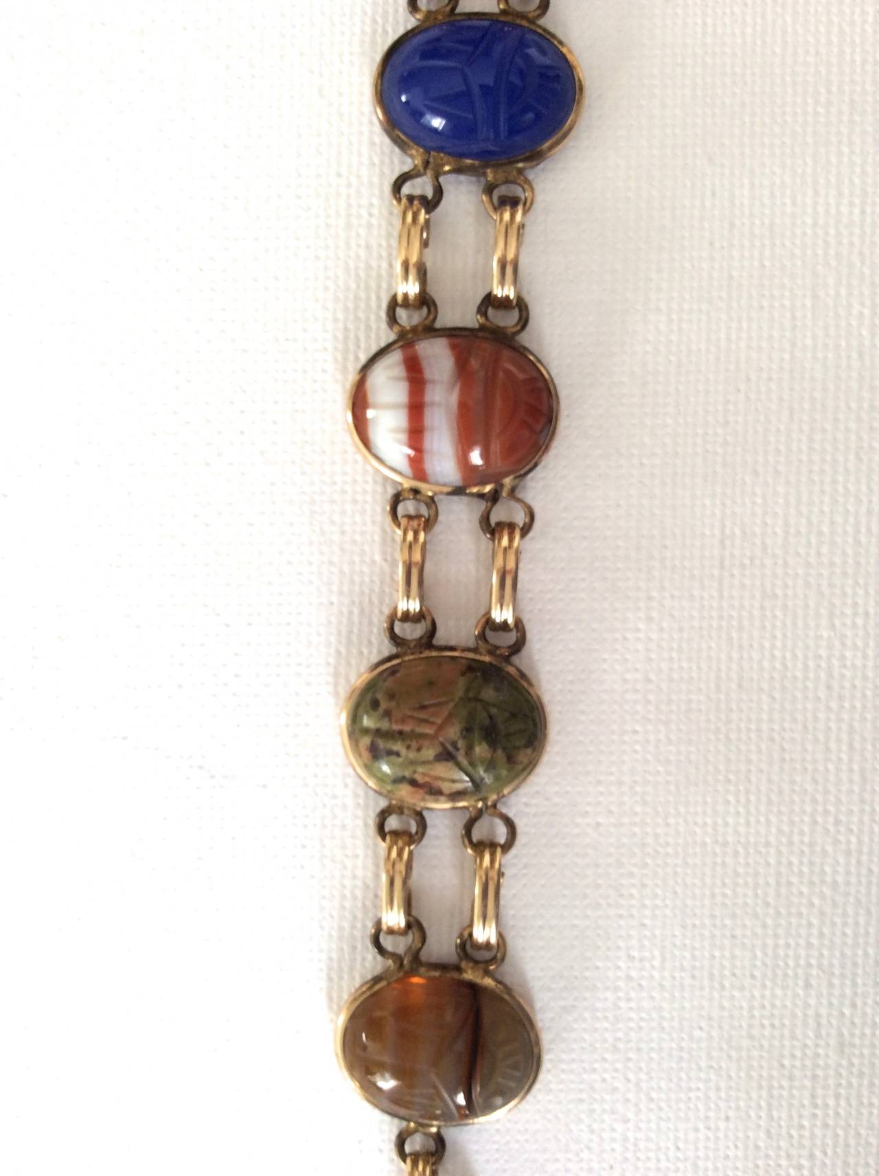 Vintage Early 1970's Scarab Stone Charm Bracelet - 12K GF In Excellent Condition In Boca Raton, FL