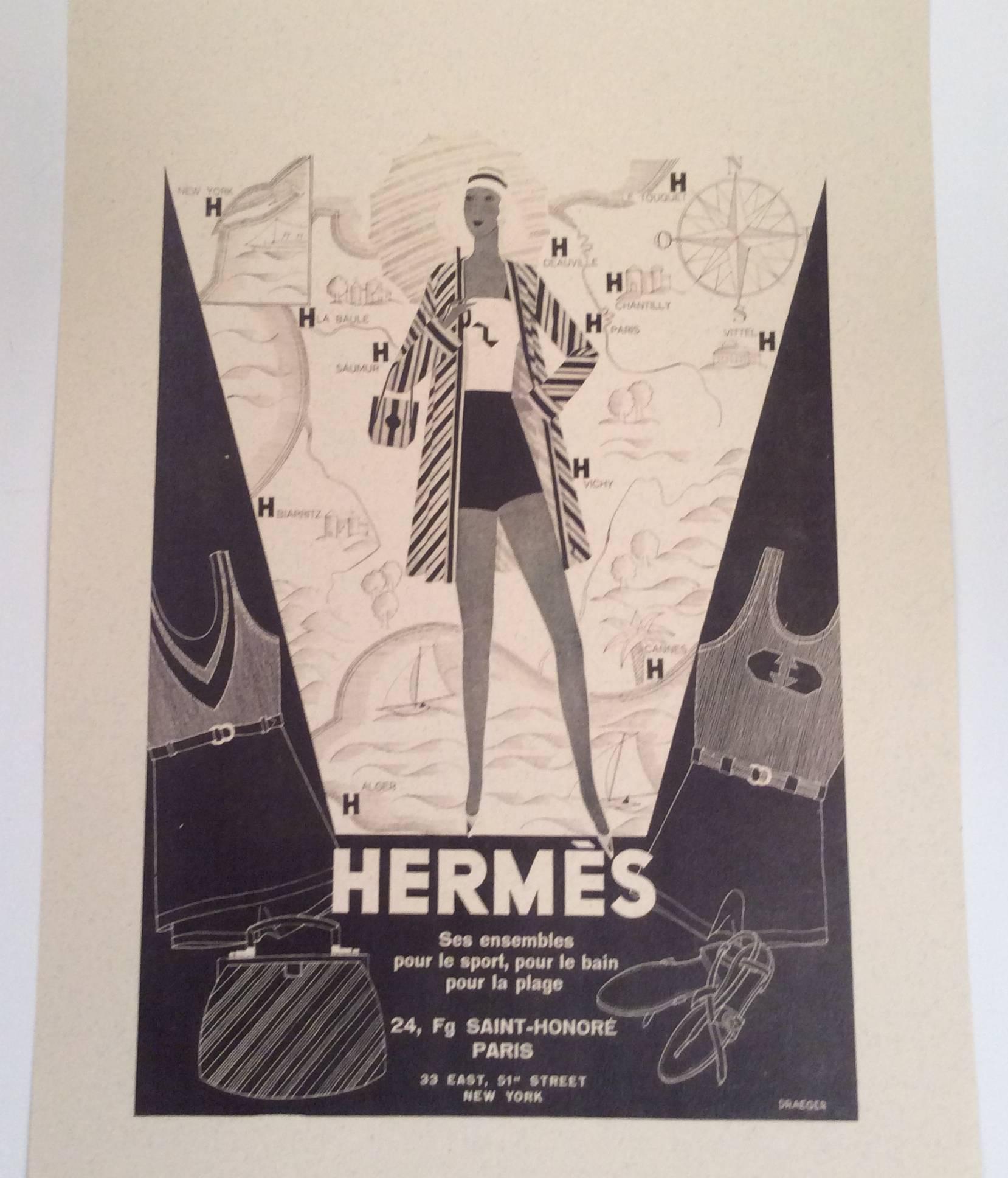 Hermes vintage ad print from the 1930's. These prints were display pieces in store boutiques. This particular image is an Art Deco style image of a woman dressed in a robe and day wear. There is a backdrop of a stylized map and framing the image are