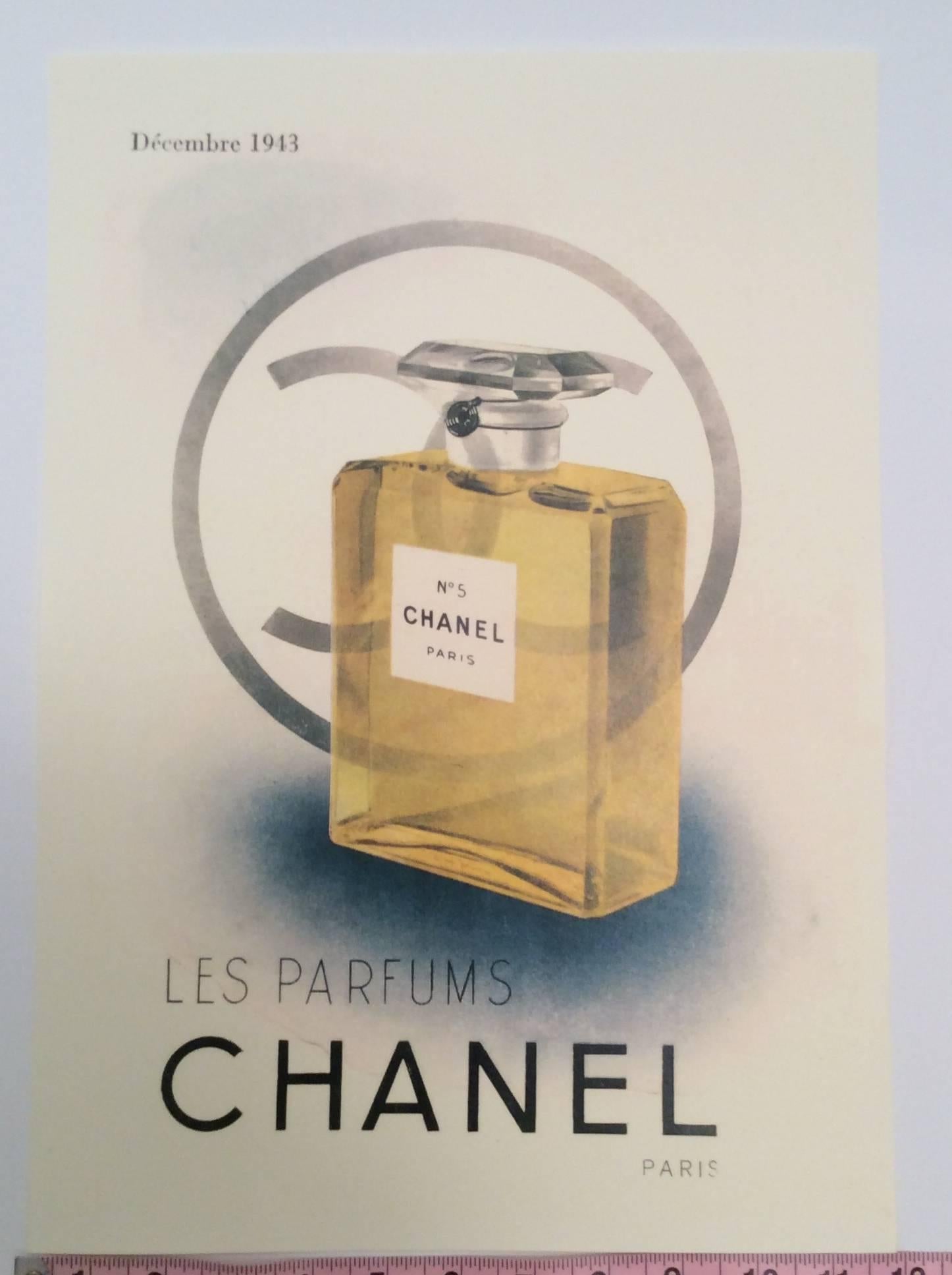 This beautiful print of an ad from the 1940's for Chanel is a gorgeous rendering of a perfume bottle in color. The ad is printed on professional print stock and makes for a perfect addition to any personal art or fashion collection. Excellent for