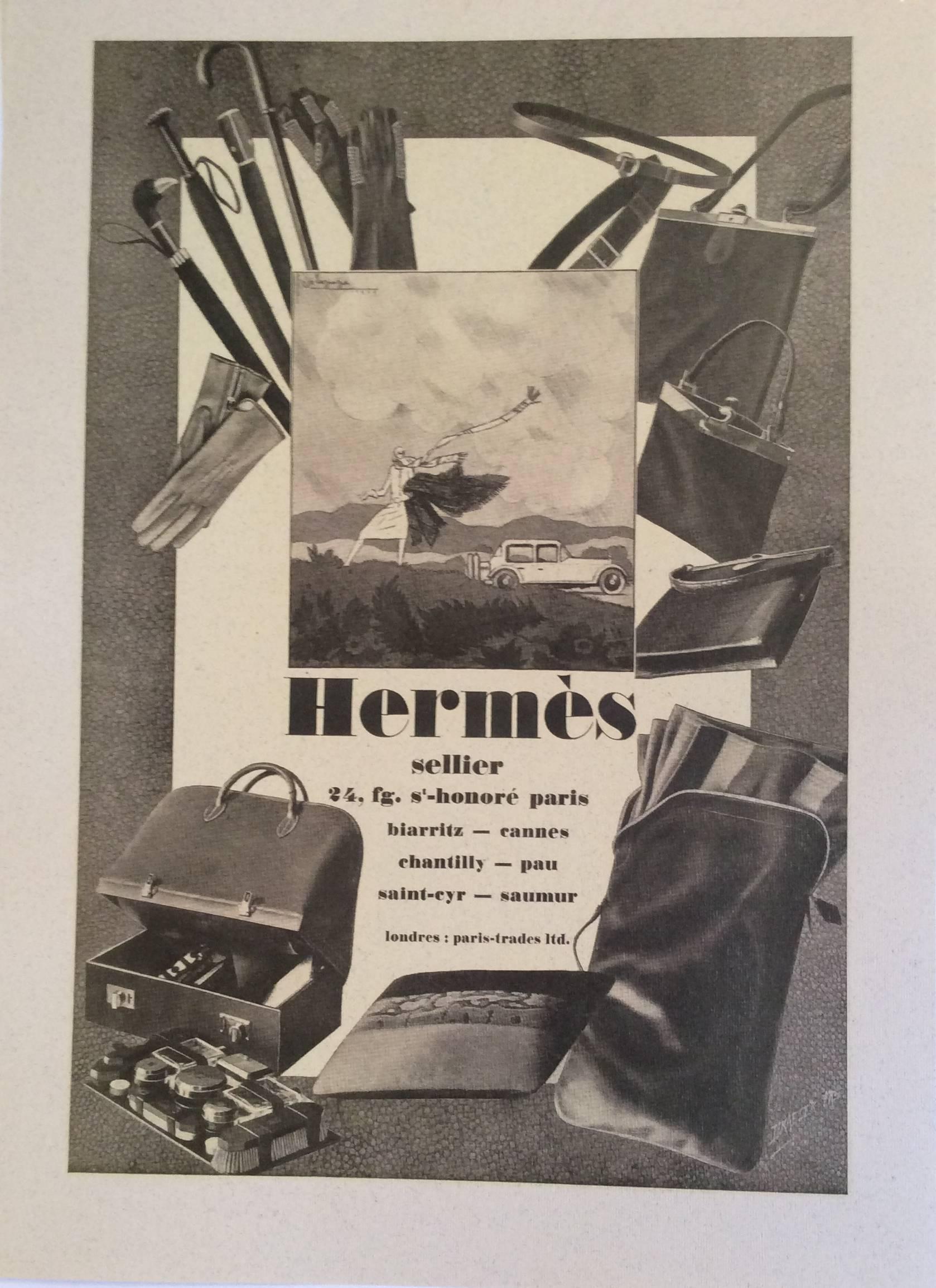 Hermes vintage ad print from the 1930's. It is printed on professional card stock.  These ads were used as storefront displays. This particular image is an Art Deco style woman with images of handbags surrounding her. 

These rare prints are made