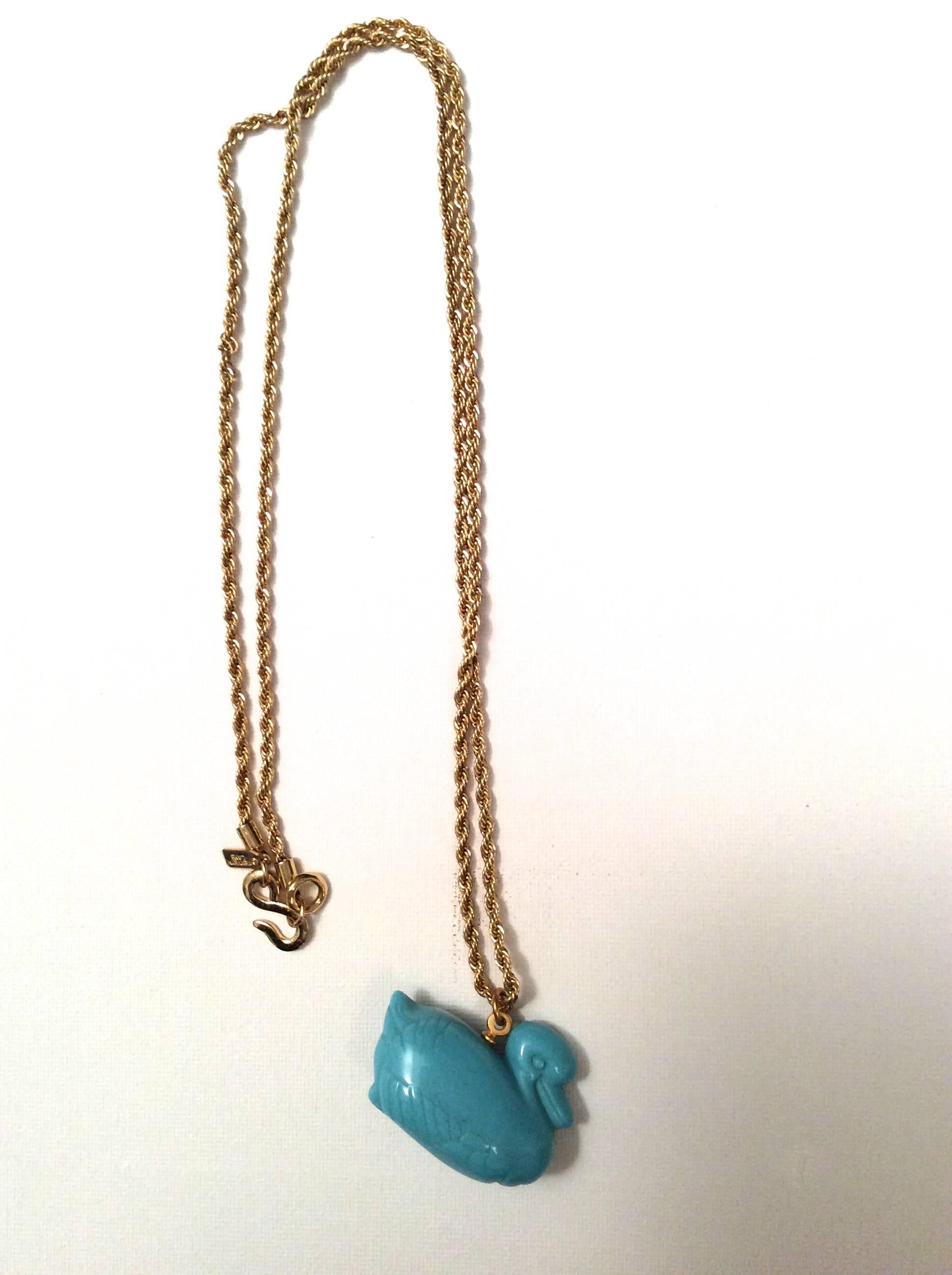 Women's New Kenneth J Lane / KJL Blue Duck Necklace - Gold Tone Chain