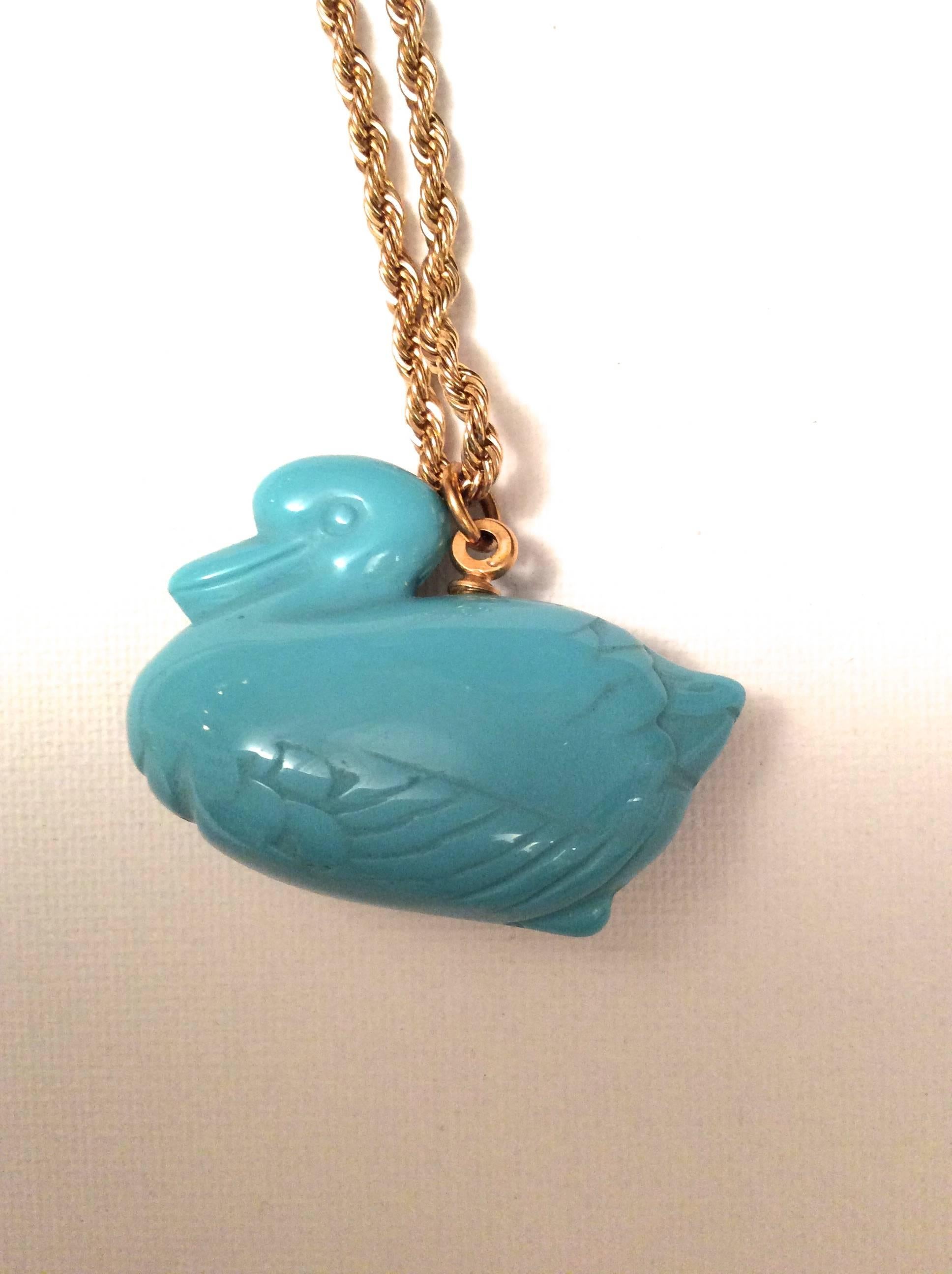 New Kenneth J Lane / KJL Blue Duck Necklace - Gold Tone Chain In Excellent Condition In Boca Raton, FL