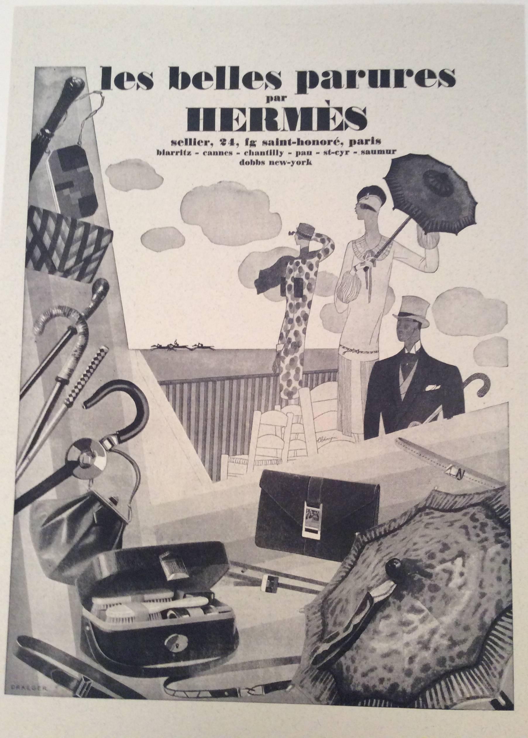 This Hermes ad print is from the 1930's collection of Hermes advertisements. The image features spectators onlooking towards a horse race happening in the background. There is a selection of vintage Hermes products adorning the exterior border of