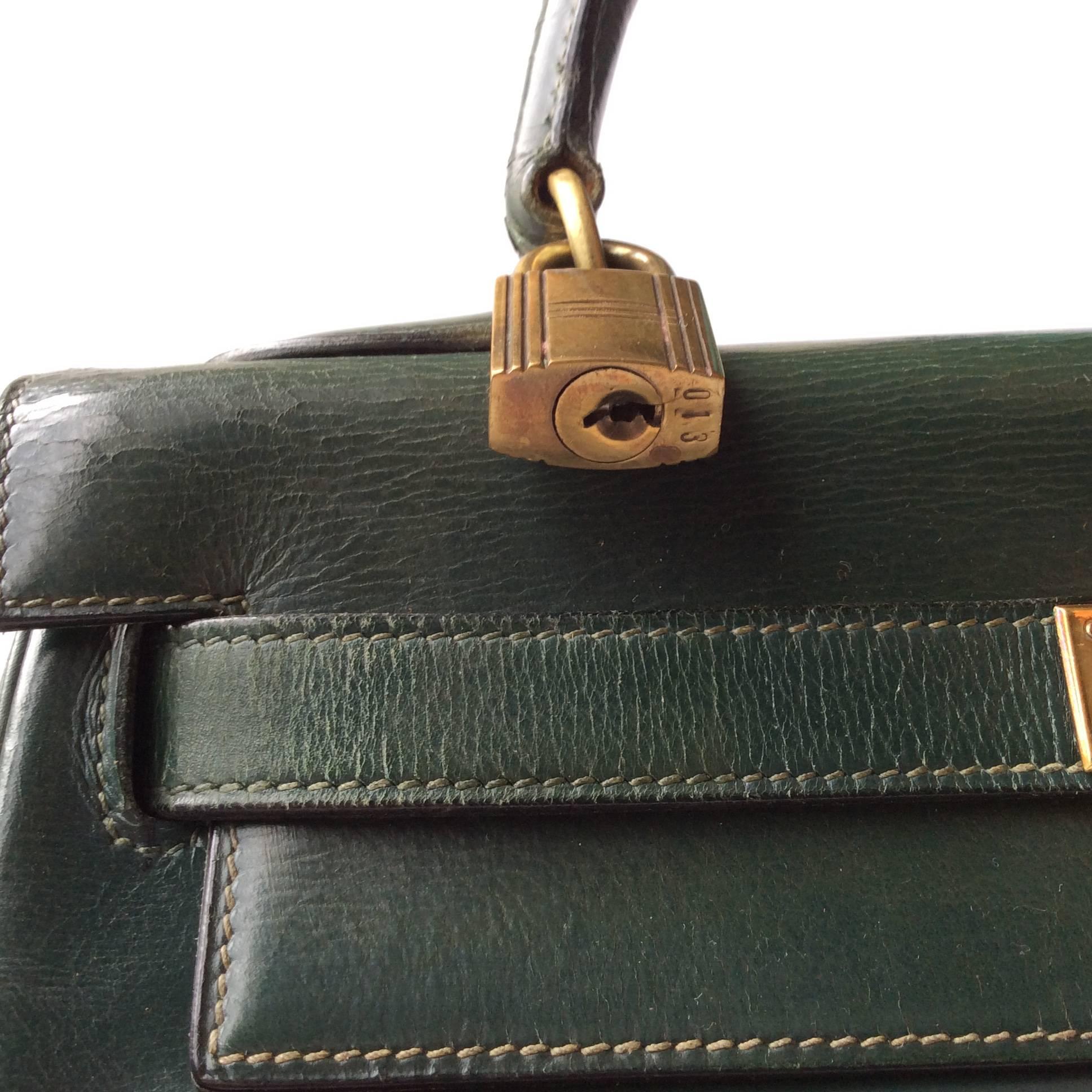 Black Hermes Kelly - 28 - Green Box Leather - Vintage