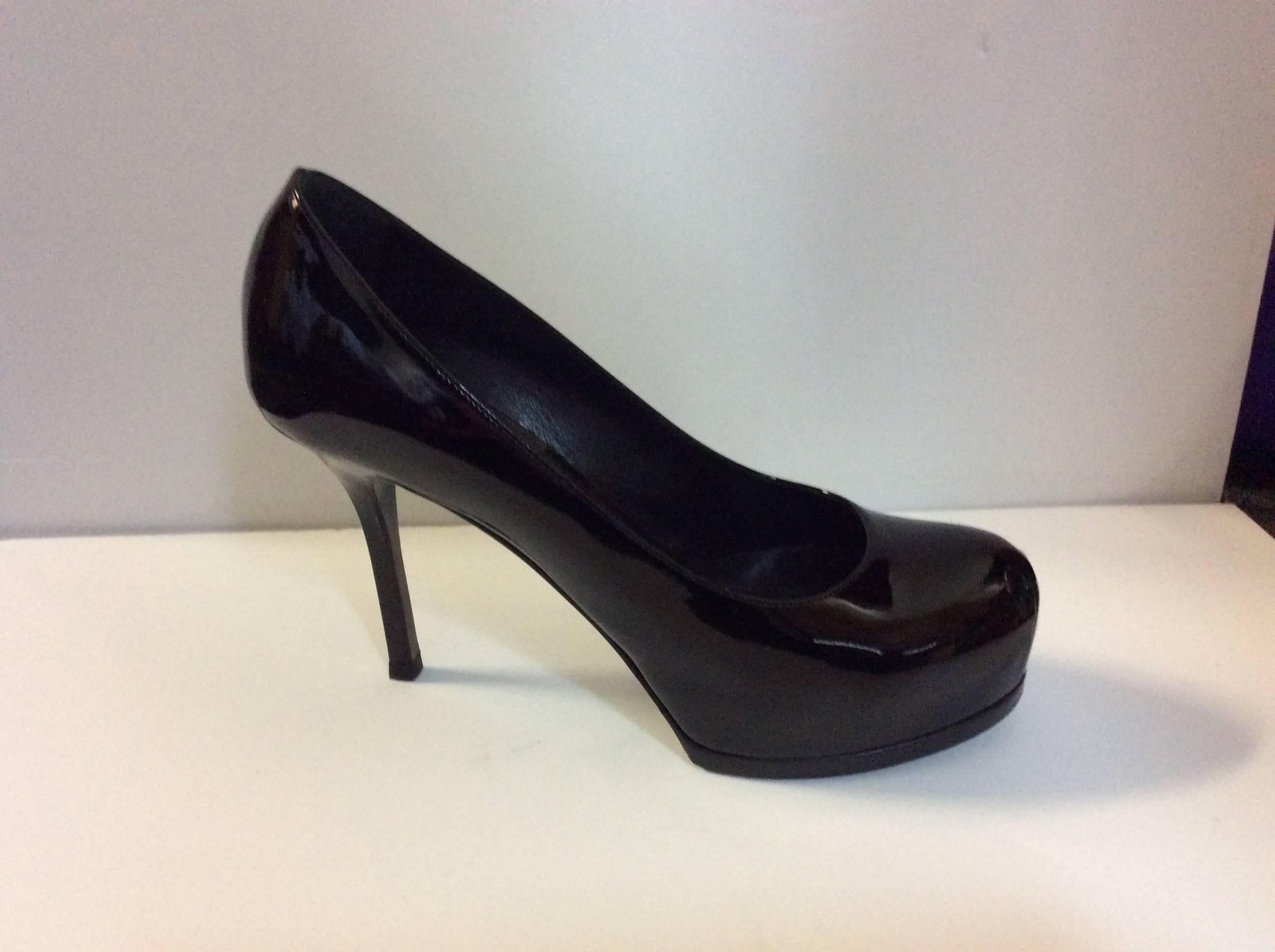 Women's Yves Saint Laurent YSL Tribute Black Patent Leather New 37.5 For Sale